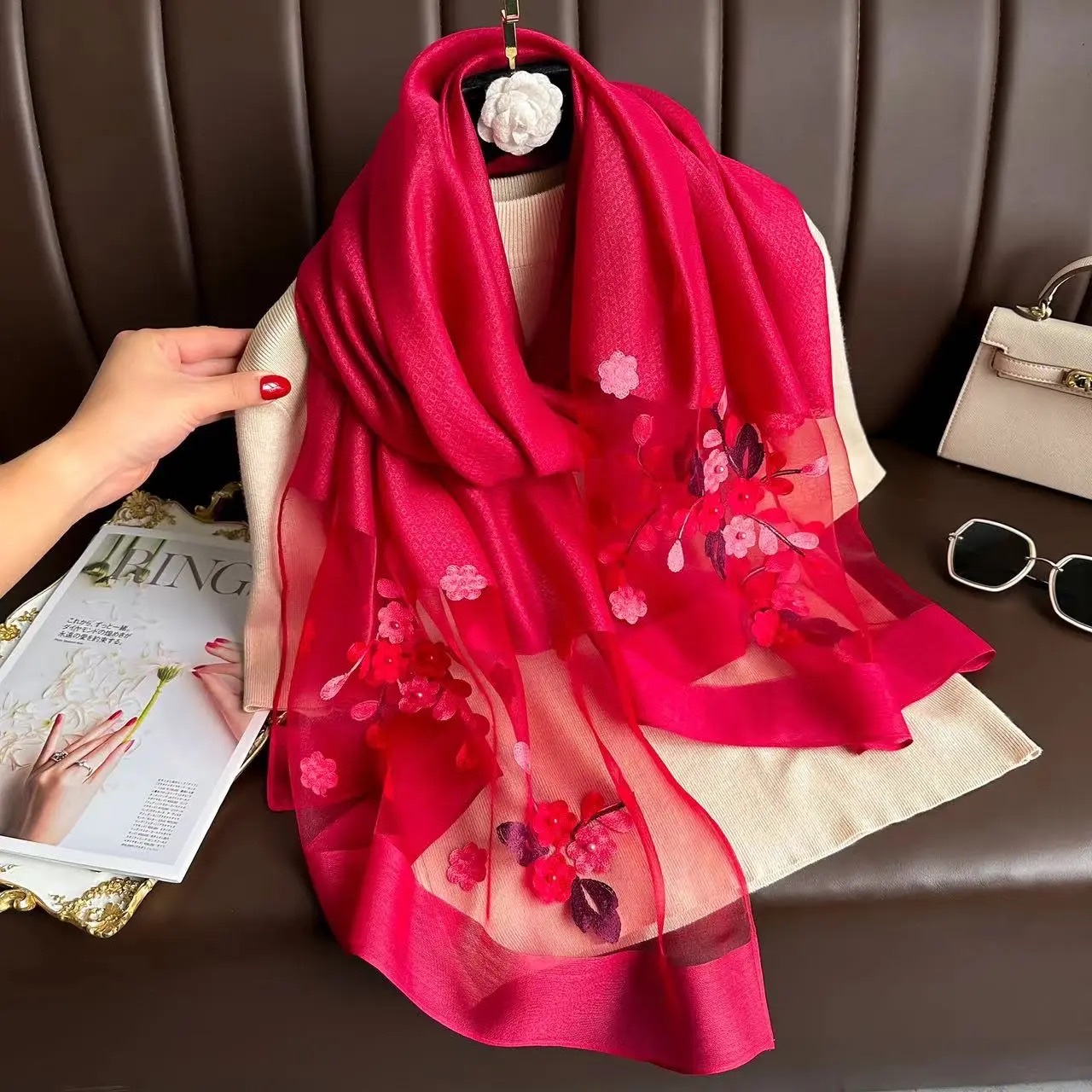 【 Red Crabapple Blossom 】 New Chinese-style silk and traditional Chinese style women's long Versatile scarf 70*200