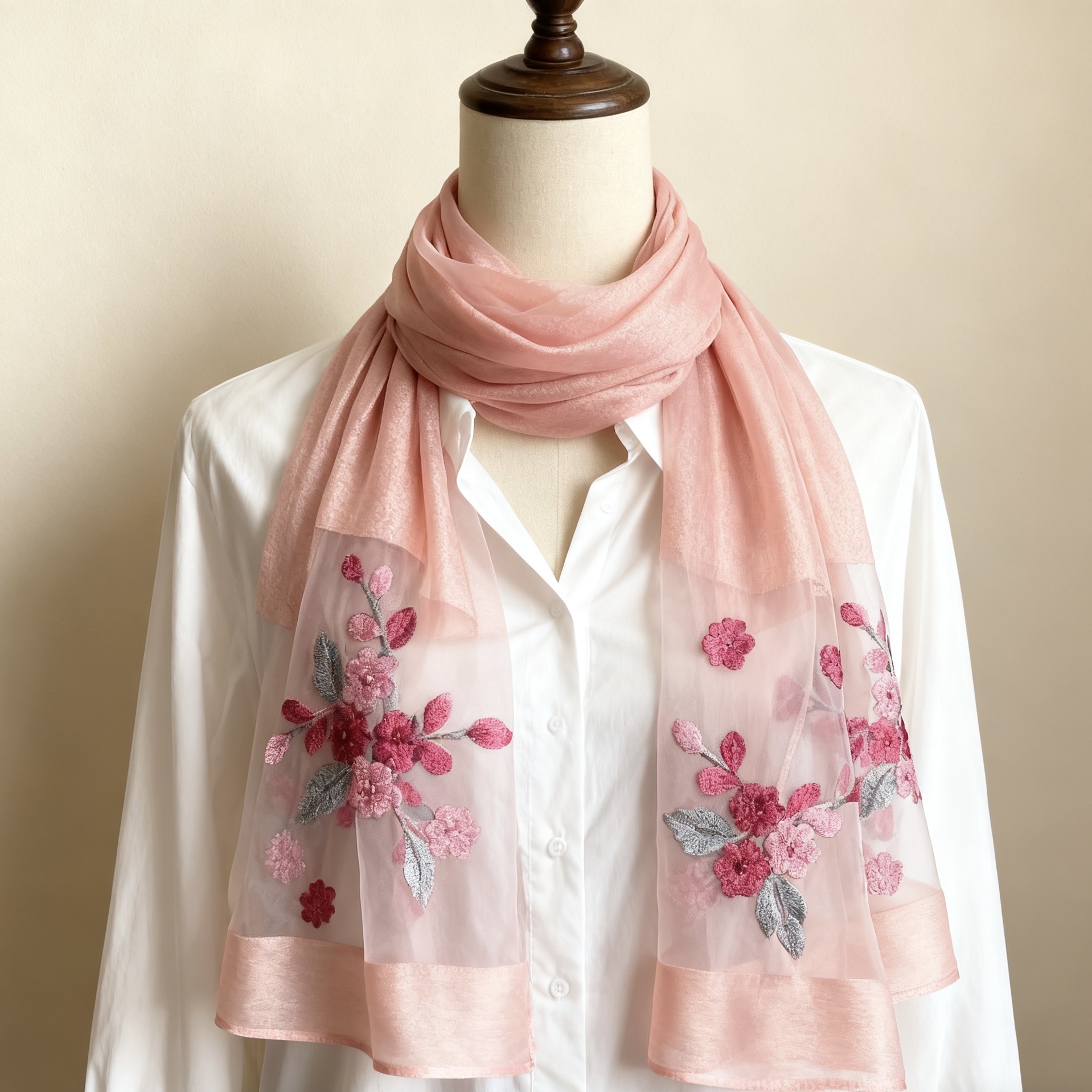 【 Pink crabapple Blossom 】 New Chinese-style silk and traditional Chinese style women's long Versatile scarf 70*200 details Picture