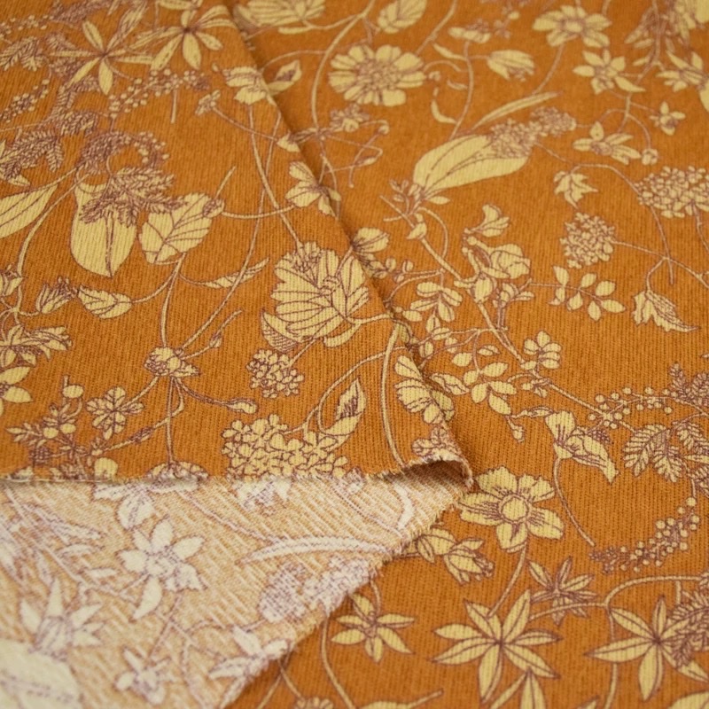 Retro orange large floral corduroy printed fabric for autumn and winter jackets, shoes, skirts, pants, shirts and cheongsams, handcrafted corduroy fabric Application Scenario