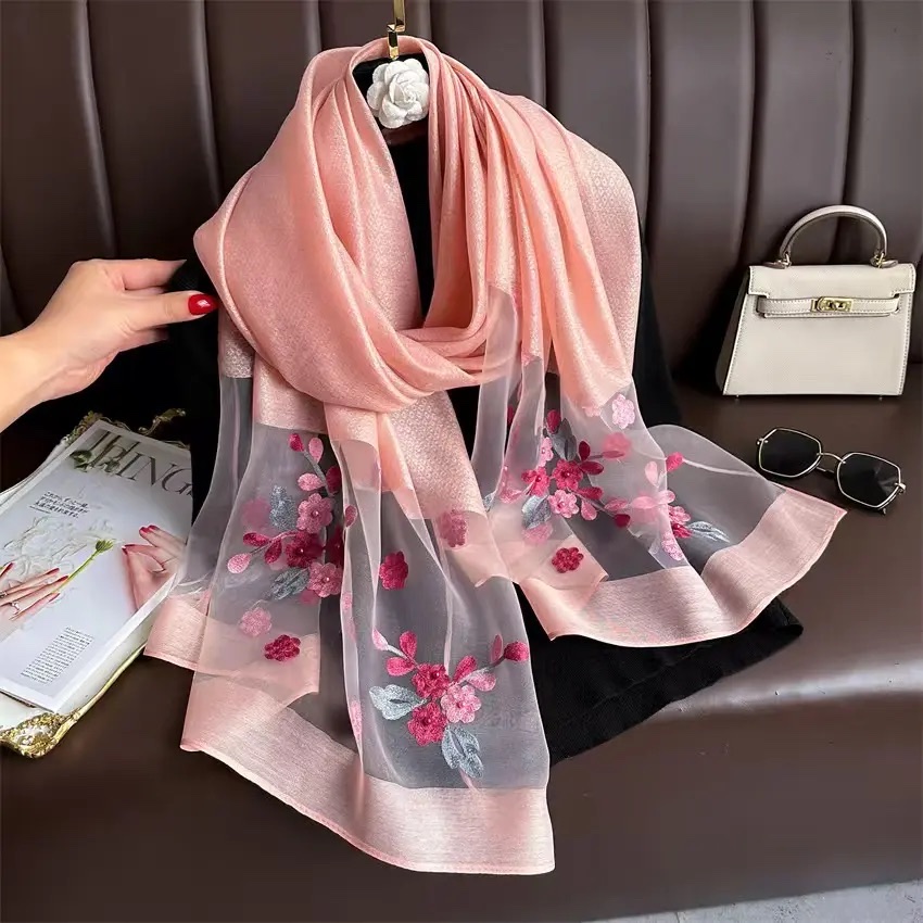 【 Pink crabapple Blossom 】 New Chinese-style silk and traditional Chinese style women's long Versatile scarf 70*200
