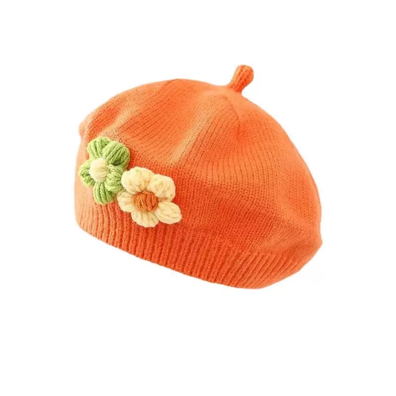 女宝宝帽子秋冬季婴儿针织贝雷帽可爱小花女童画家帽儿童毛线帽潮 