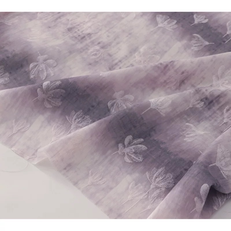 Limited edition dreamy purple horizontal stripe tie-dyed printed anti-wrinkle drape fabric three-dimensional white flower cheongsam and Hanfu fabric Application Scenario