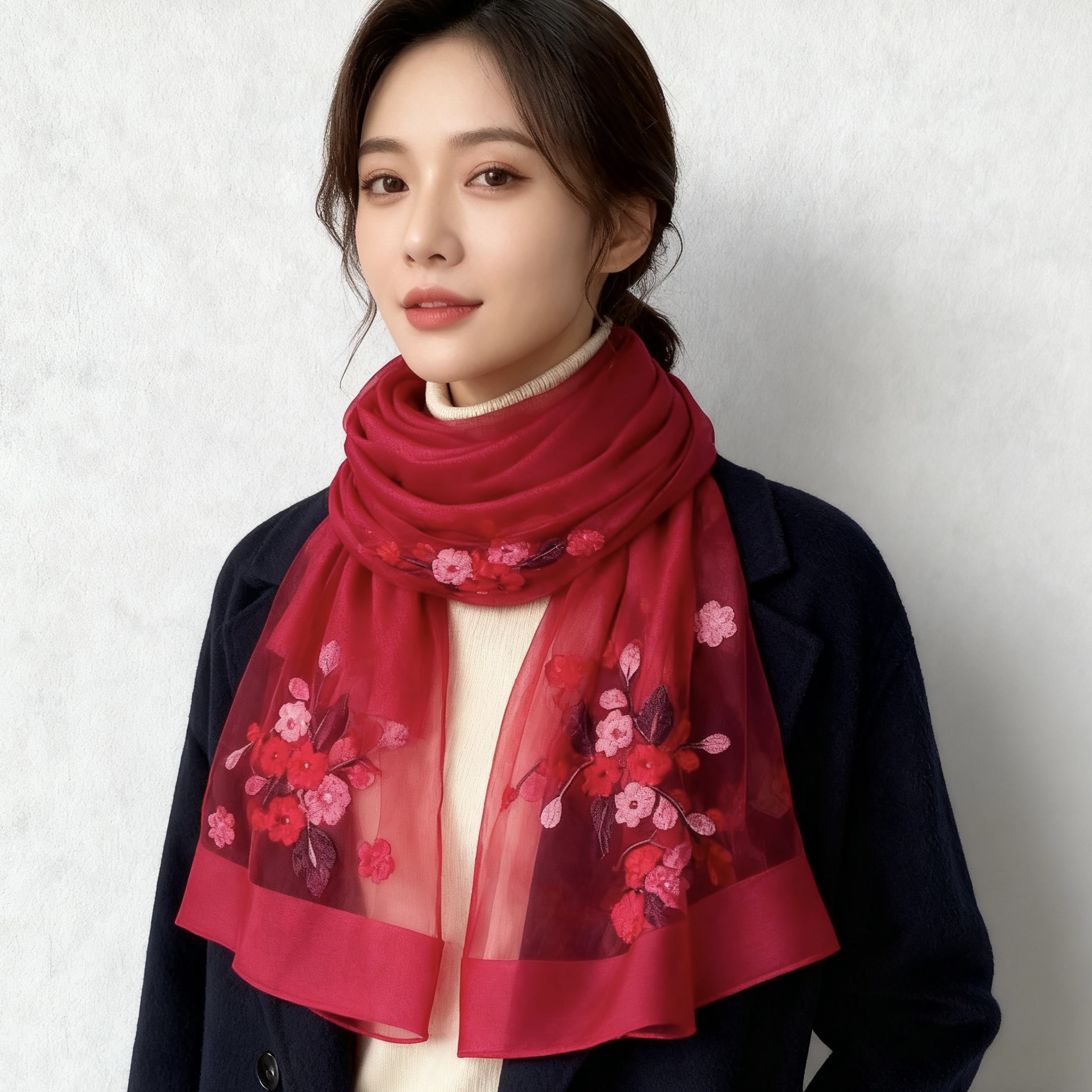 【 Wine Red Crabapple Flower 】 New Chinese-style silk Chinese-style women's long Versatile Scarf 70*200 details Picture