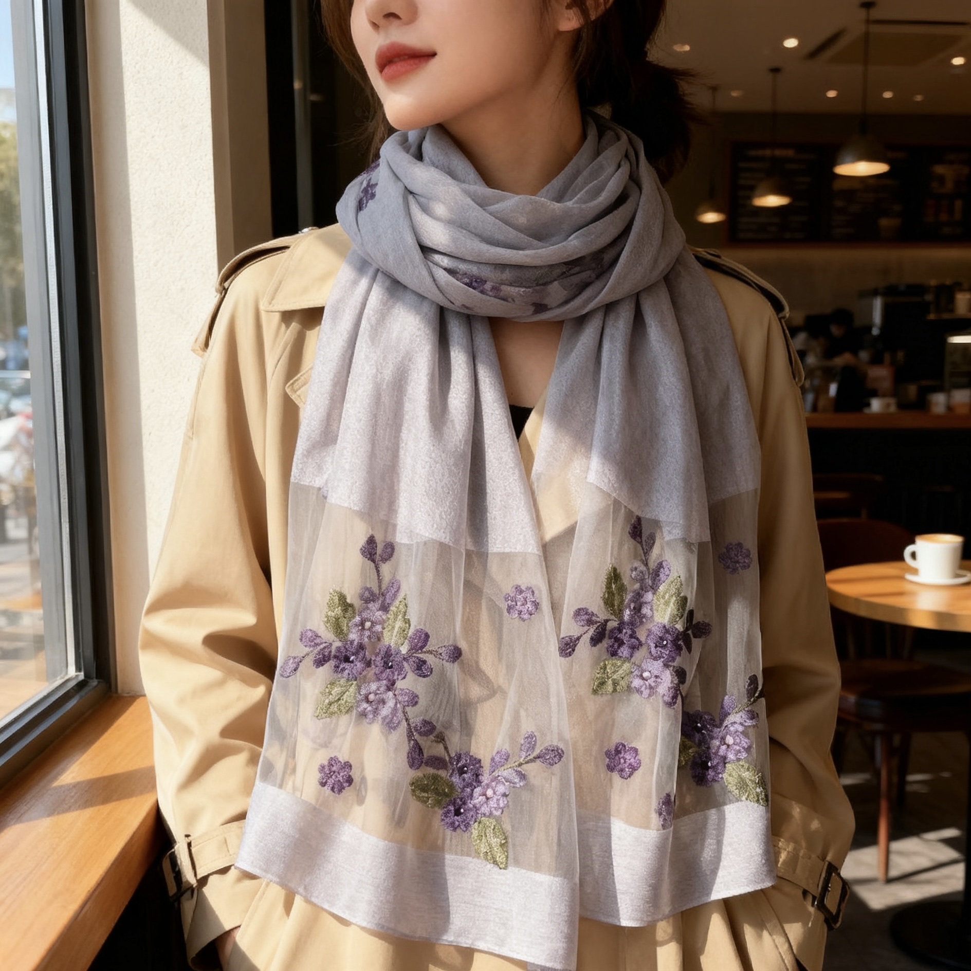 【 Grey Crabapple Blossom 】 New Chinese-style silk and wool women's long Versatile Scarf 70*200 details Picture