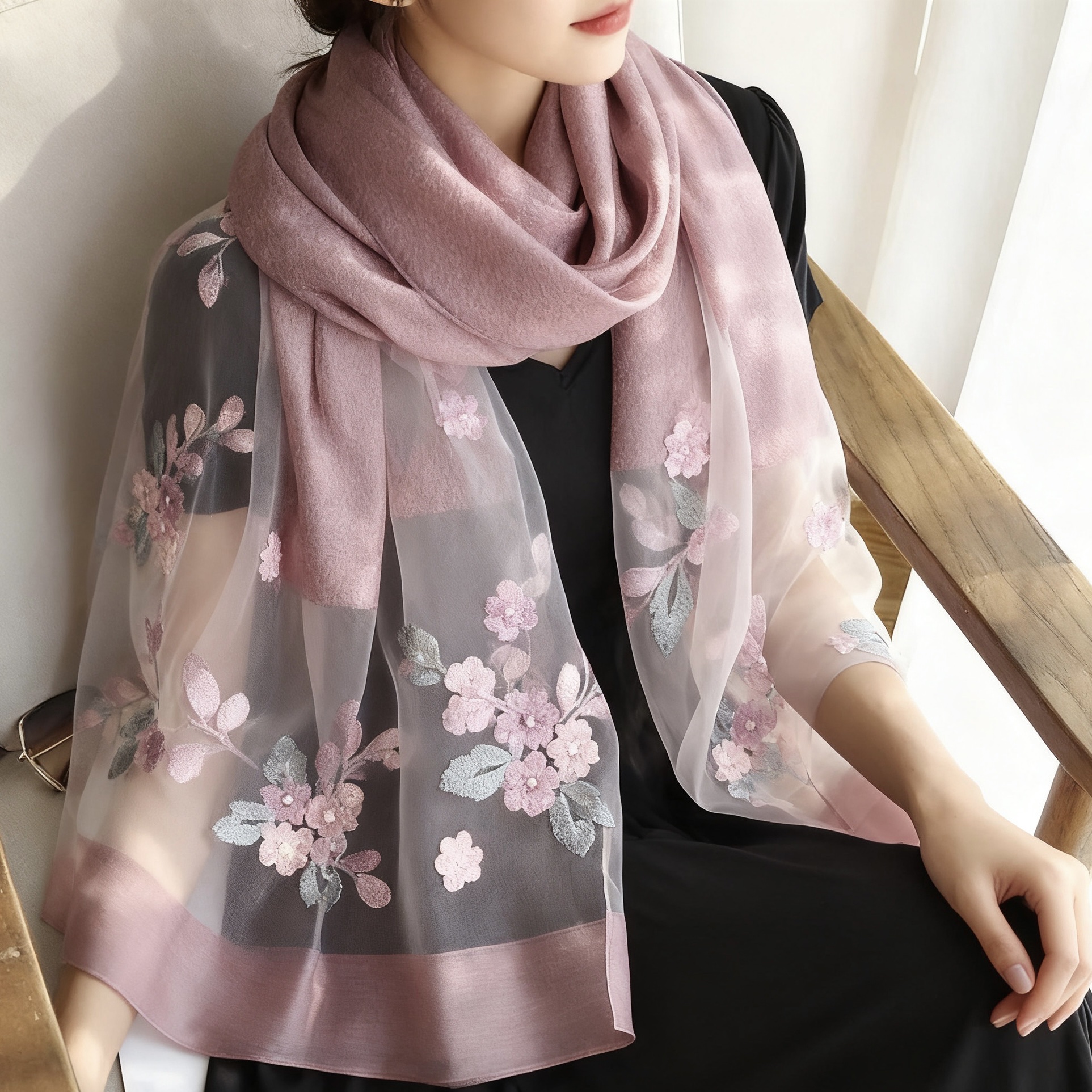 【 Purple Crabapple Blossom 】 New Chinese-style silk Chinese-style women's long Versatile scarf 70*200 detail image 2
