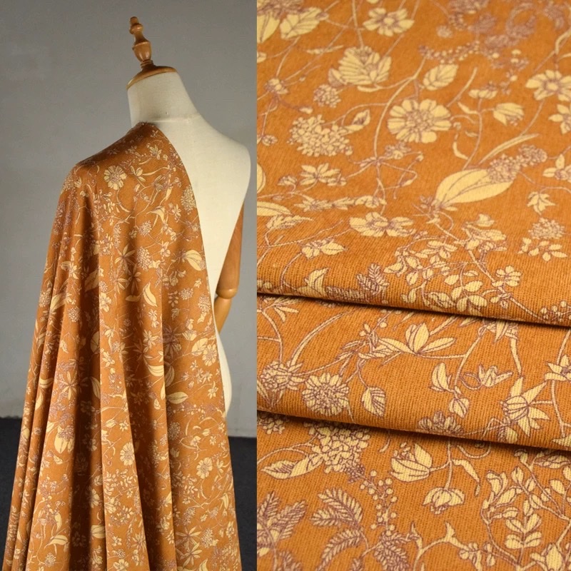Retro orange large floral corduroy printed fabric for autumn and winter jackets, shoes, skirts, pants, shirts and cheongsams, handcrafted corduroy fabric Item Picture