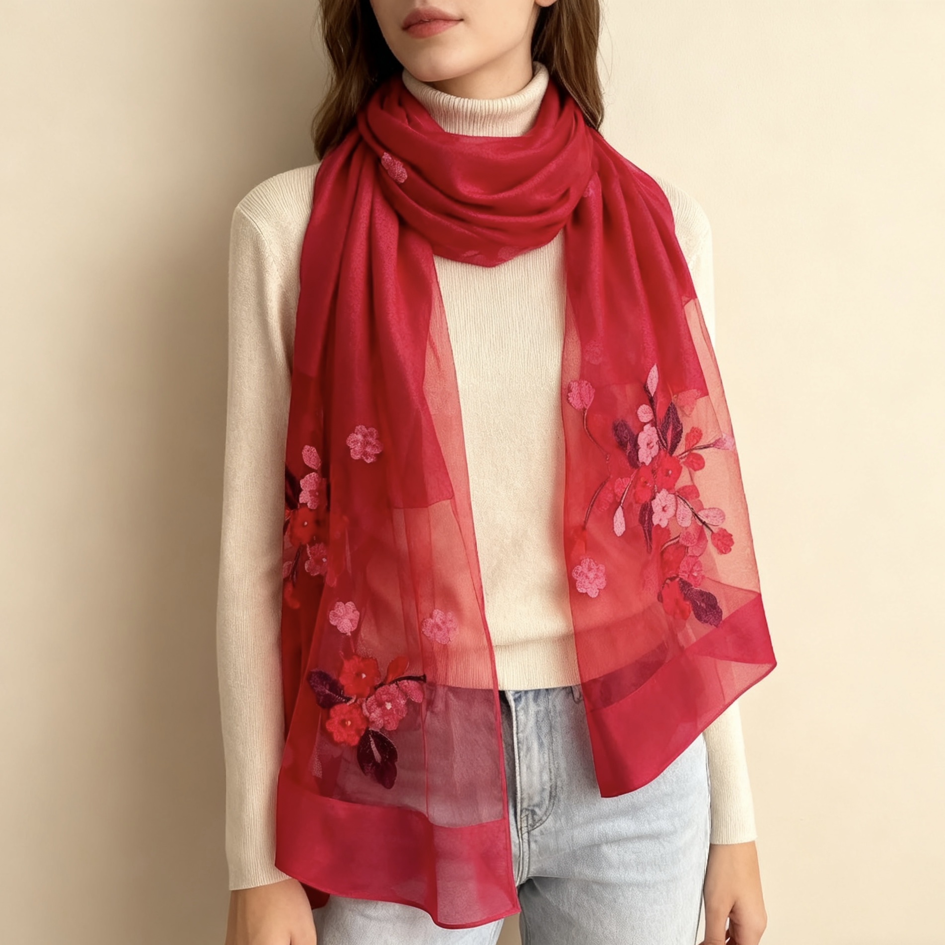 【 Wine Red Crabapple Flower 】 New Chinese-style silk Chinese-style women's long Versatile Scarf 70*200 detail image 4