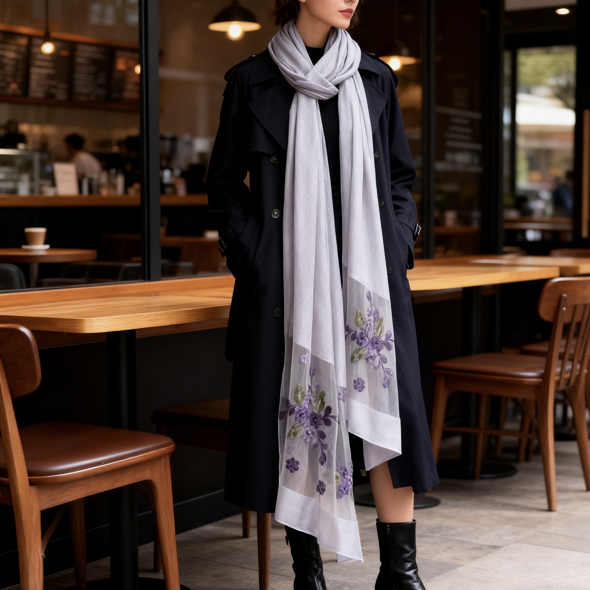 【 Grey Crabapple Blossom 】 New Chinese-style silk and wool women's long Versatile Scarf 70*200 detail image 4