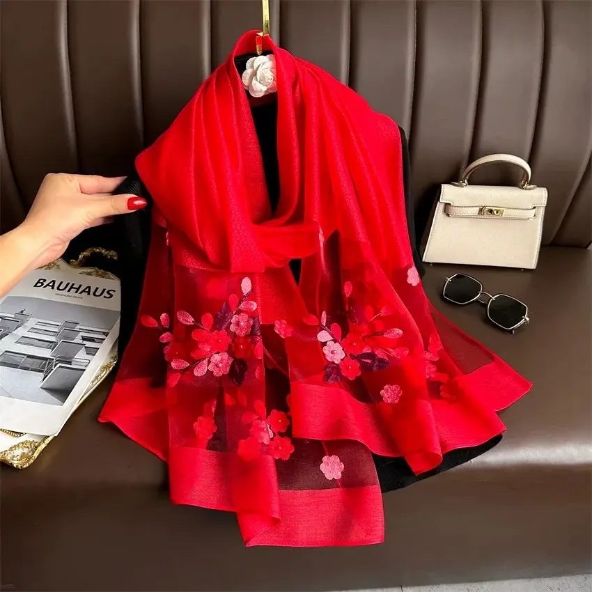 【 Wine Red Crabapple Flower 】 New Chinese-style silk Chinese-style women's long Versatile Scarf 70*200