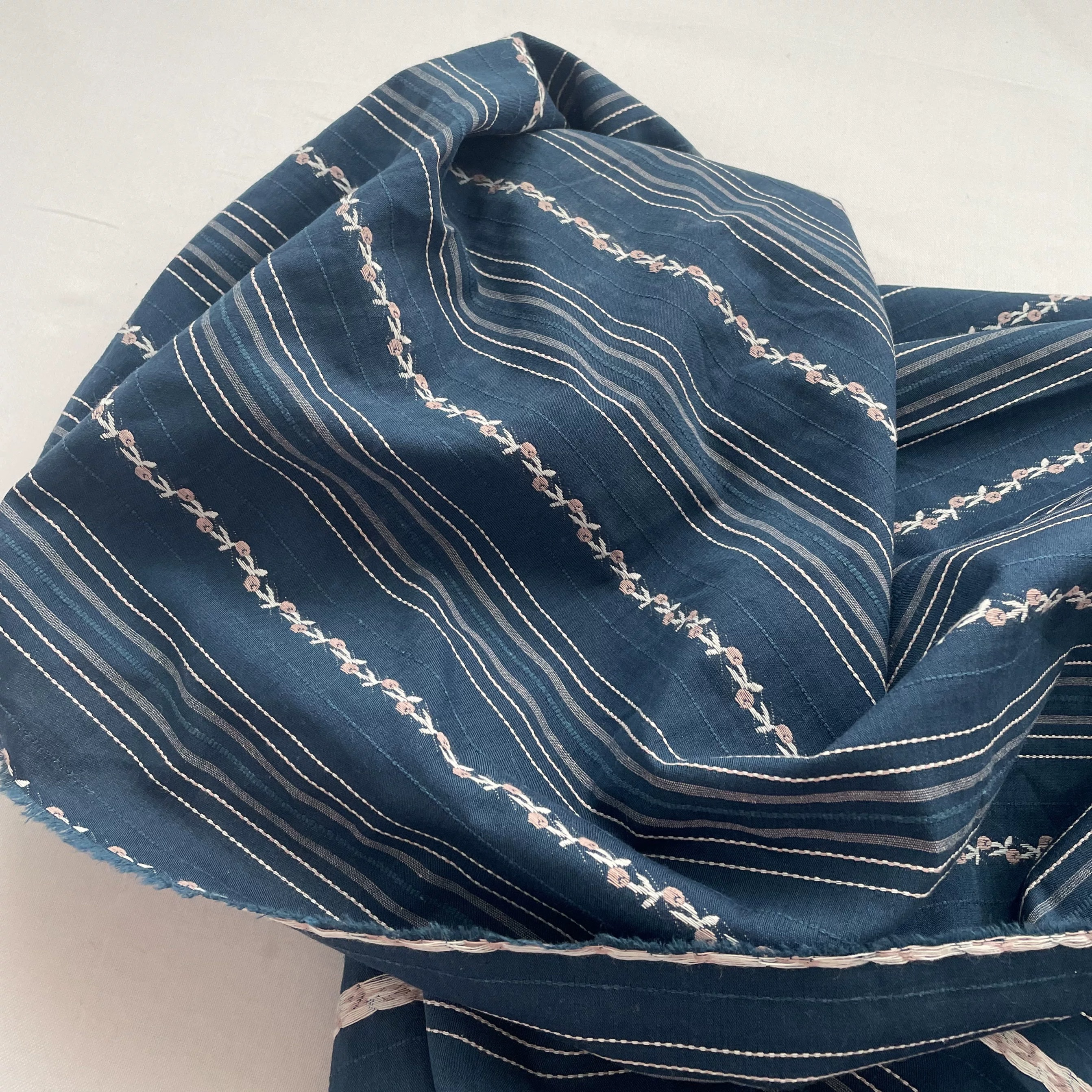 diy pure cotton shirt dress fabric with exquisite navy blue and pink woven stripes and small floral prints