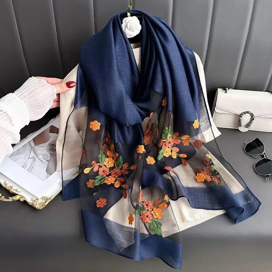 【 Navy Blue crabapple Blossom 】 New Chinese-style silk and wool women's long Versatile scarf 70*200