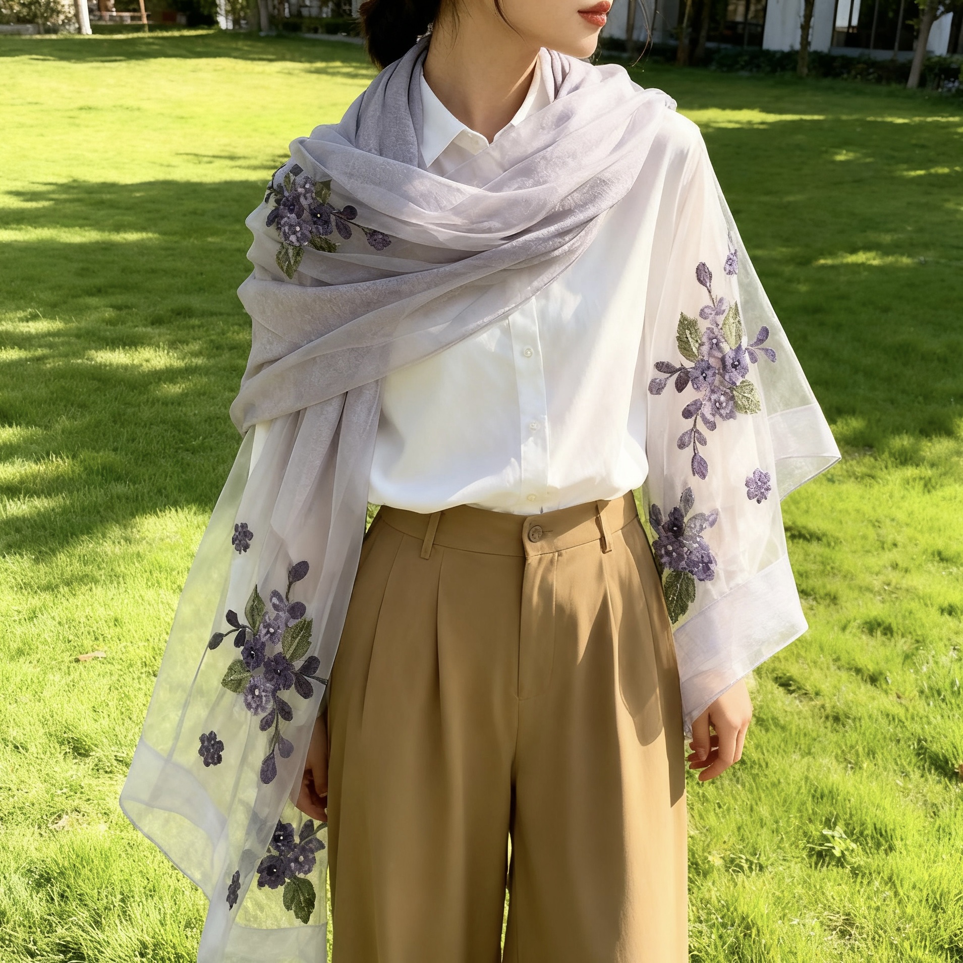 【 Grey Crabapple Blossom 】 New Chinese-style silk and wool women's long Versatile Scarf 70*200 Specification image