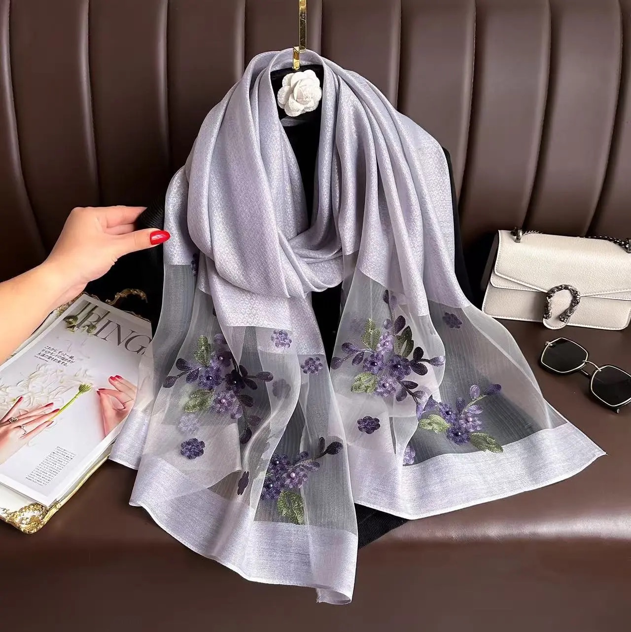 【 Grey Crabapple Blossom 】 New Chinese-style silk and wool women's long Versatile Scarf 70*200