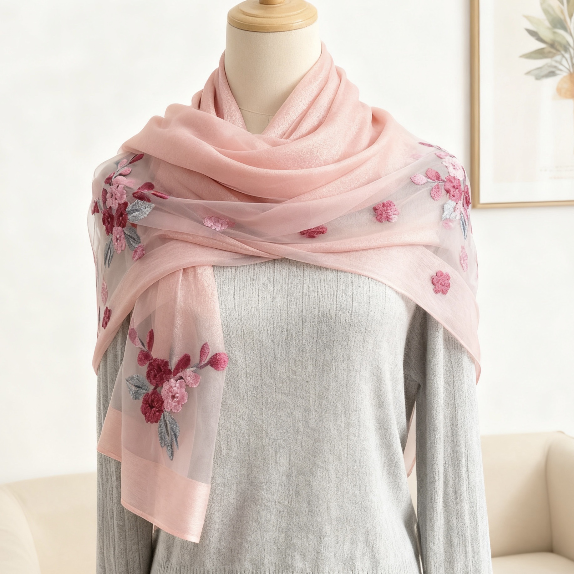 【 Pink crabapple Blossom 】 New Chinese-style silk and traditional Chinese style women's long Versatile scarf 70*200 detail image 4