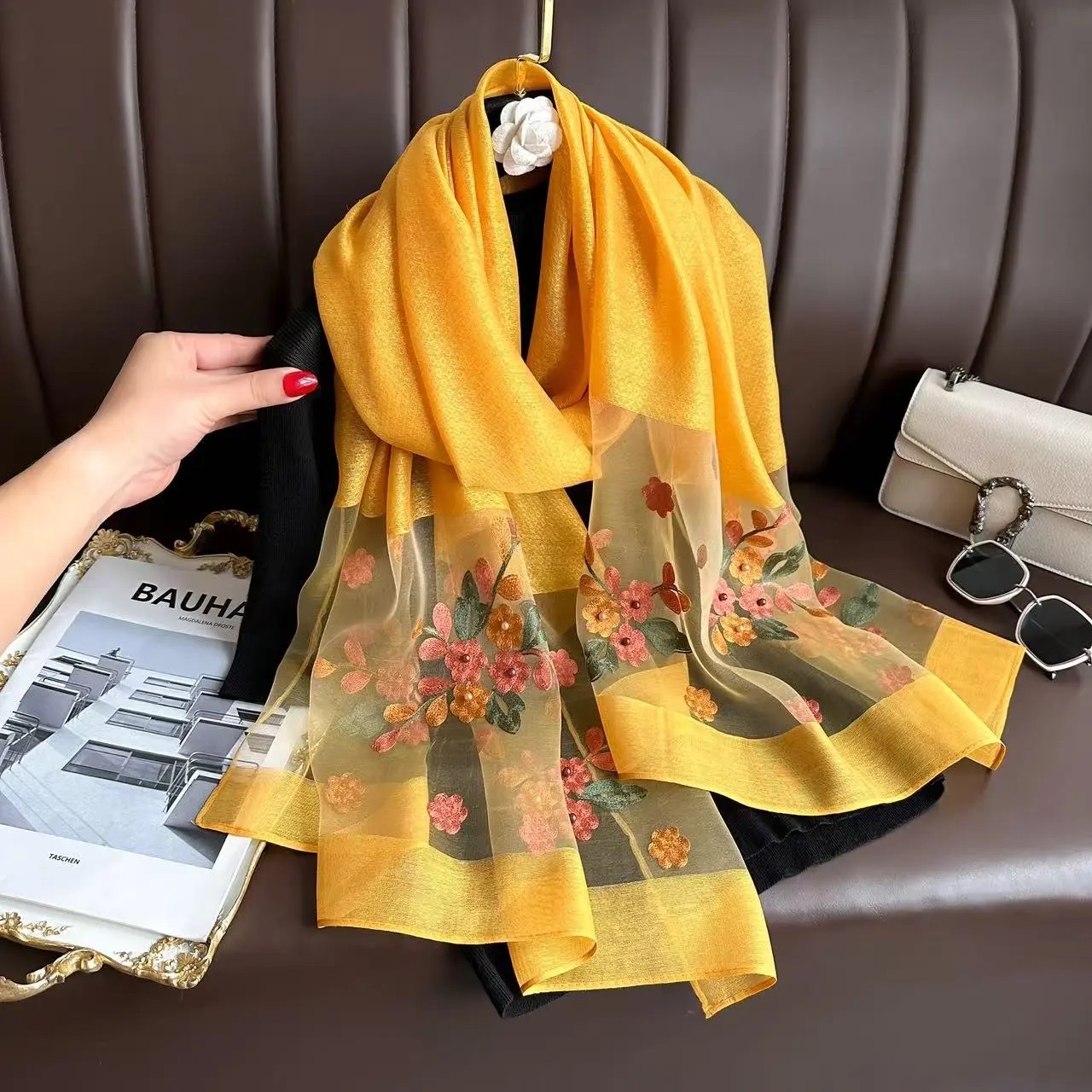 【 Yellow Crabapple Blossom 】 New Chinese-style silk Chinese-style women's long Versatile scarf 70*200