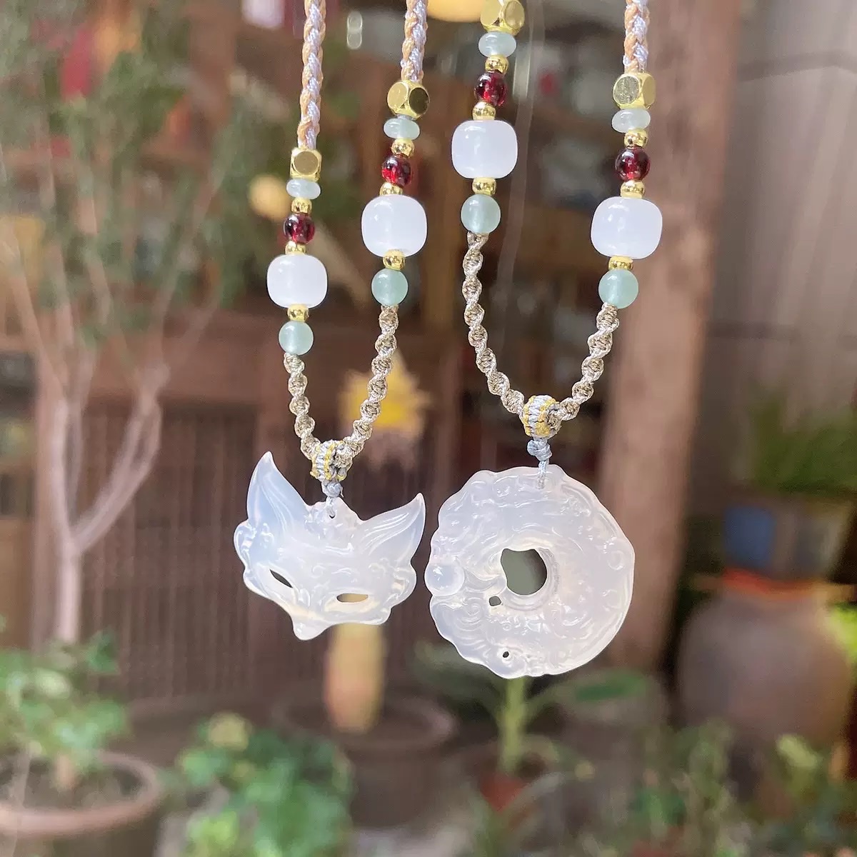 国风天然白玉髓平安扣吊坠男白玉玛瑙挂件狐狸面具编织项链女情侣