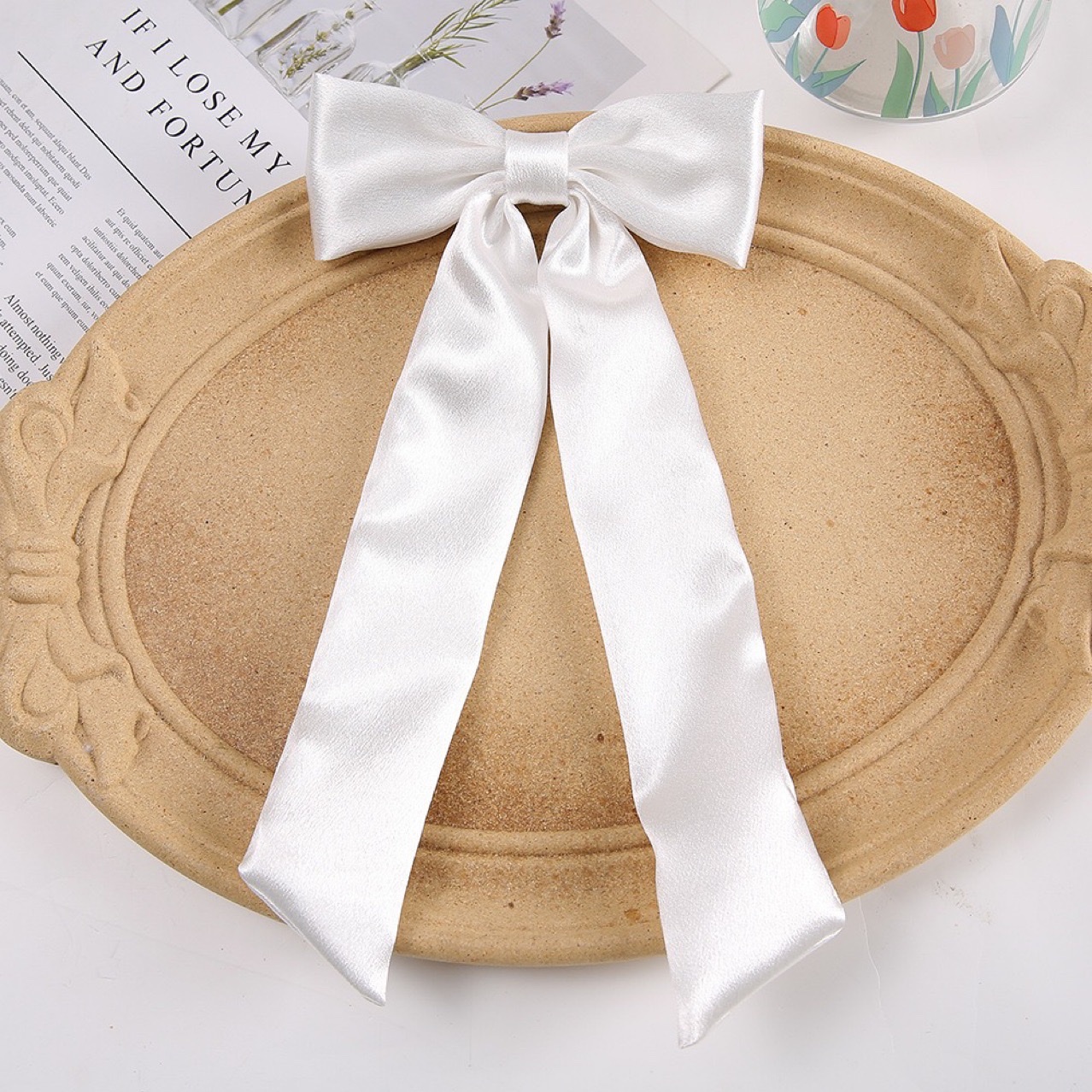 2026 High-end satin ribbon bow hair clip, half tied at the back of the head, solid color fabric hair accessory Specification image