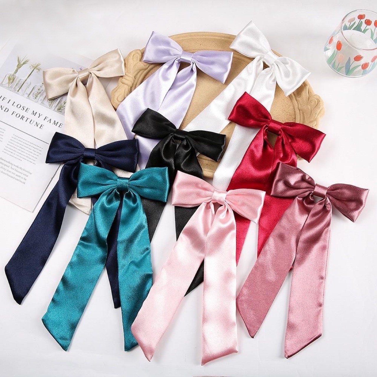 高级感缎面飘带蝴蝶结发夹后脑勺半扎发蝴蝶结发夹纯色布艺发饰