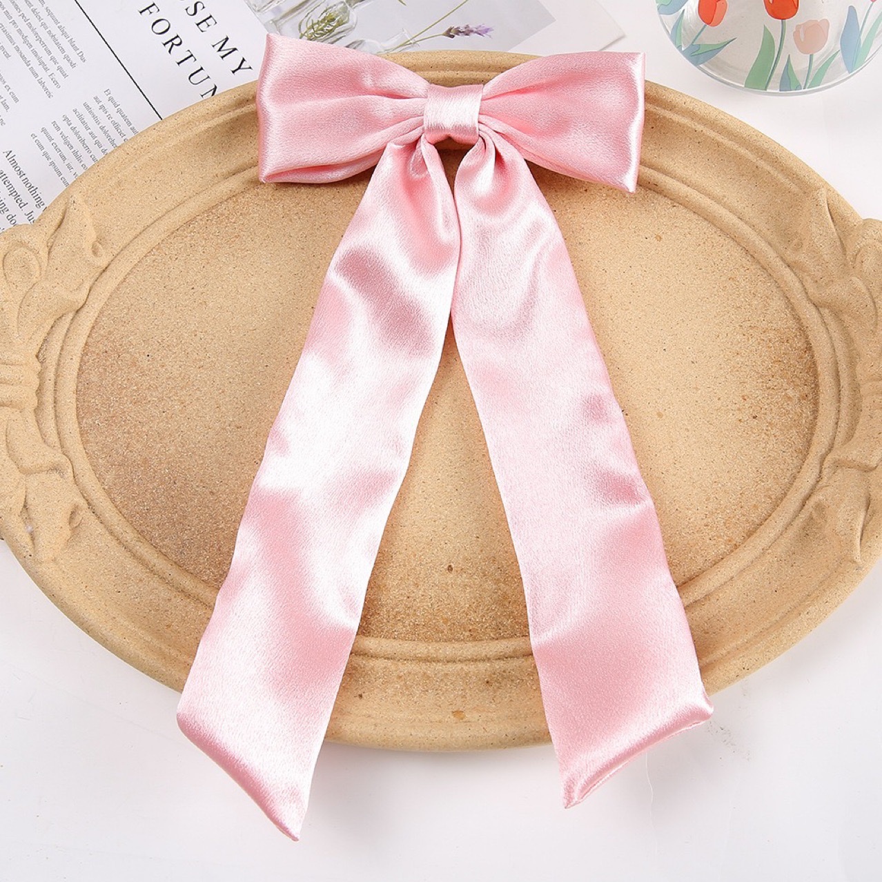 2026 High-end satin ribbon bow hair clip, half tied at the back of the head, solid color fabric hair accessory Application Scenario