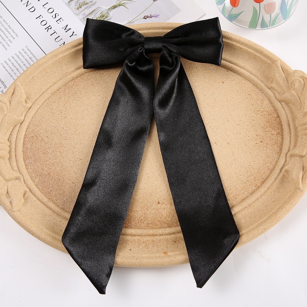 2026 High-end satin ribbon bow hair clip, half tied at the back of the head, solid color fabric hair accessory details Picture