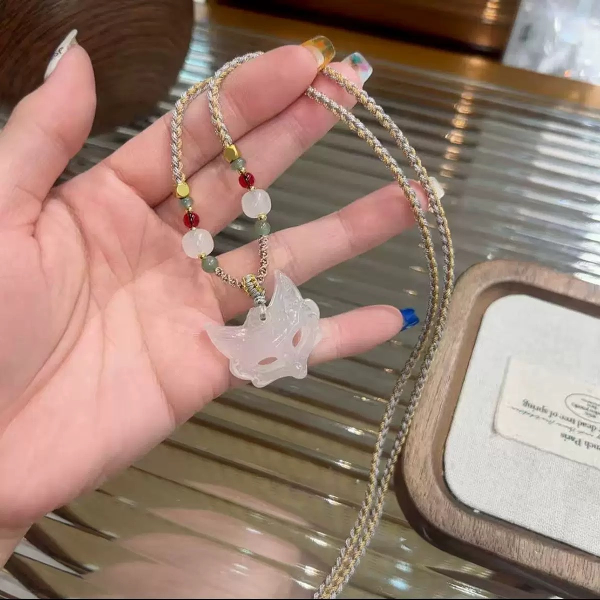 国风天然白玉髓平安扣吊坠男白玉玛瑙挂件狐狸面具编织项链女情侣详情图3