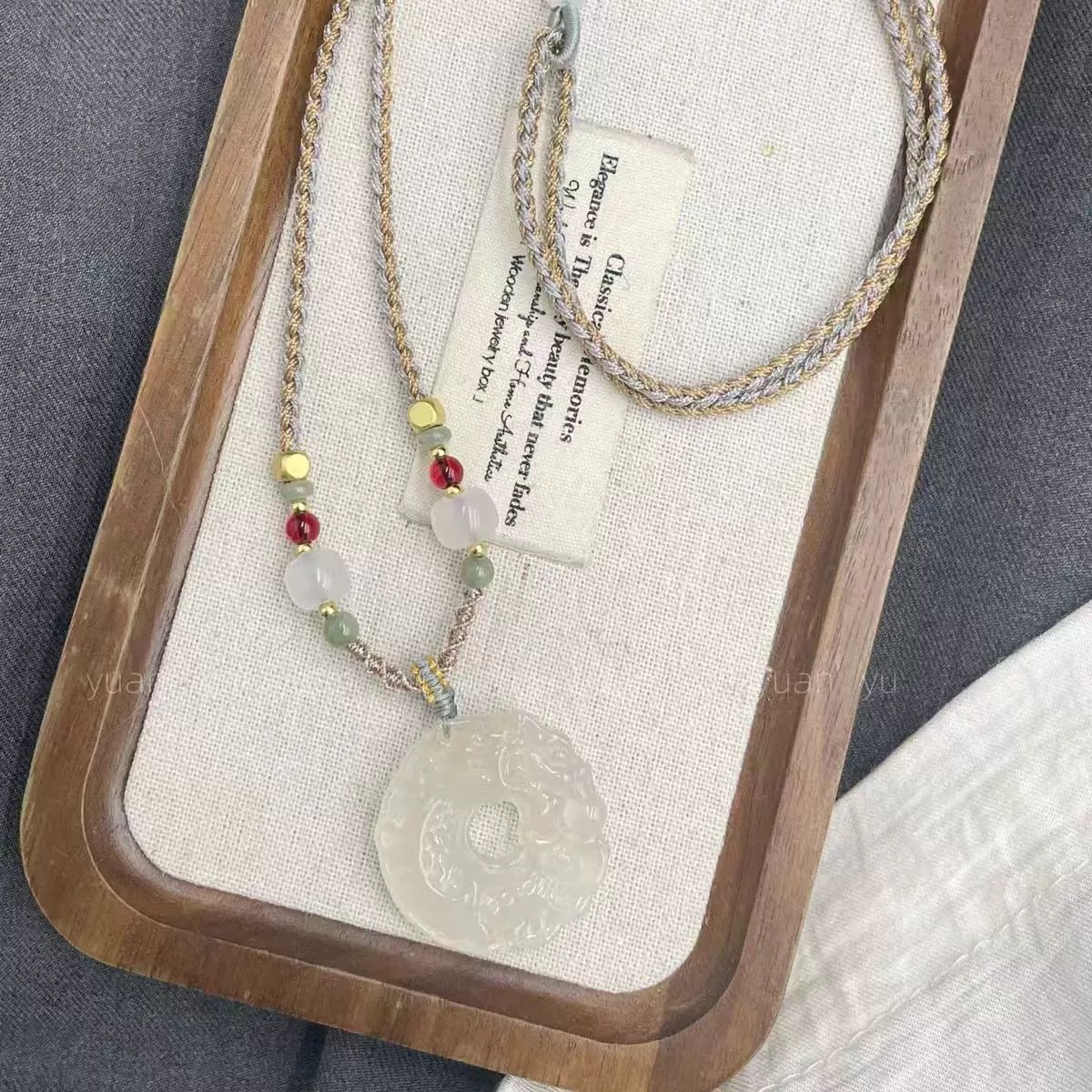 Chinese-style natural white chalcedony peace pendant, male white jade agate pendant, fox mask woven necklace, female couple details Picture
