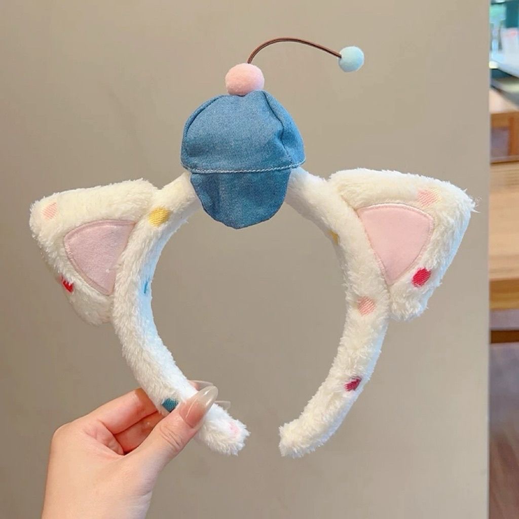 Cartoon cat ear face wash hair band, cowboy baseball cap, cherry rainbow nod band detail image 3