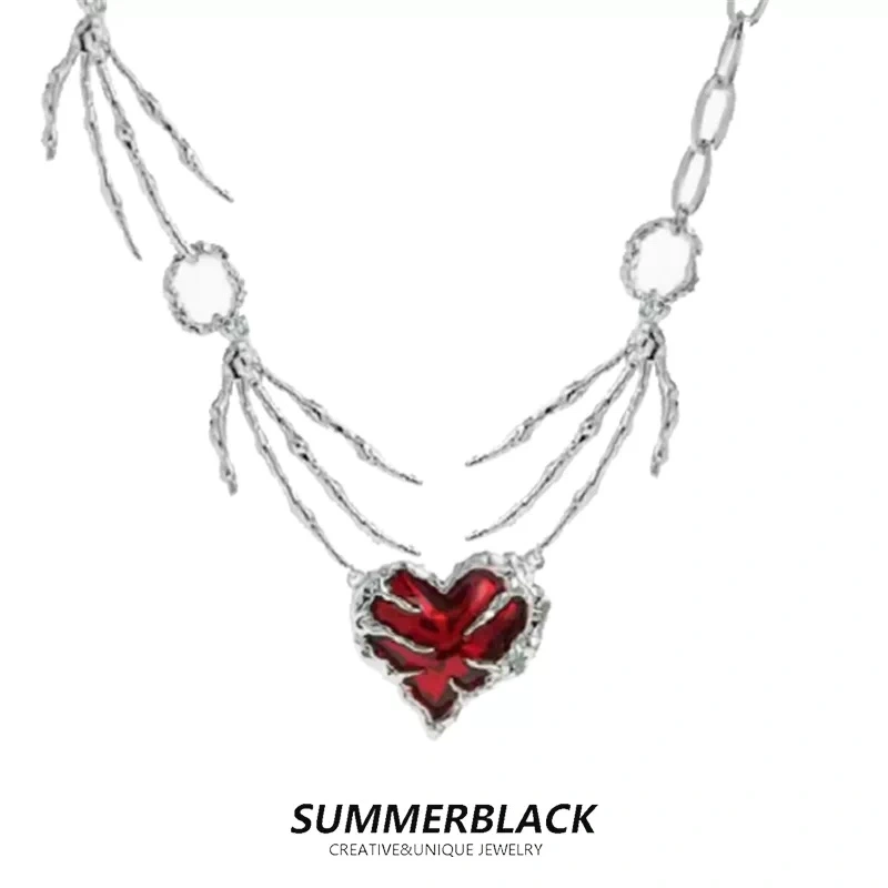 Halloween dark punk red heart-shaped ghost claw necklace, a niche, exaggerated and individualistic female collarbone chain accessory detail image 2