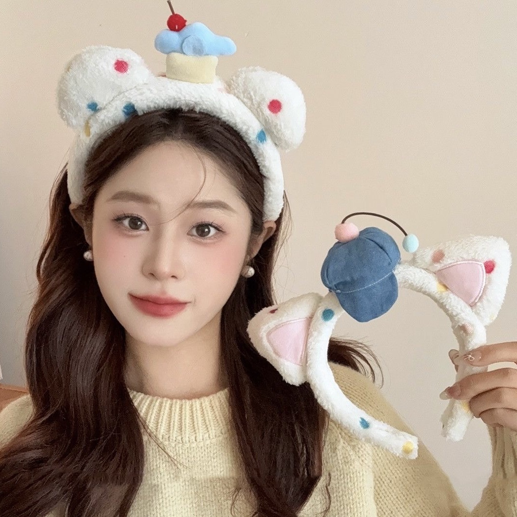 Cartoon cat ear face wash hair band, cowboy baseball cap, cherry rainbow nod band detail image 8