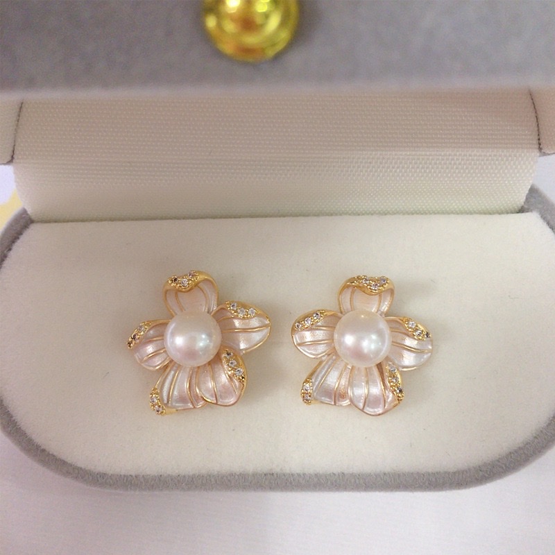 Weishiliya Zhuji Natural freshwater Pearl Earrings for Women, 18K gold-plated, high-end frosted flower, S925 sterling silver needle details Picture