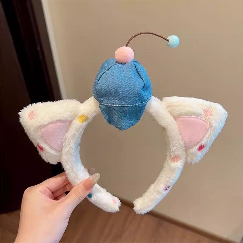 Cartoon cat ear face wash hair band, cowboy baseball cap, cherry rainbow nod band detail image 4