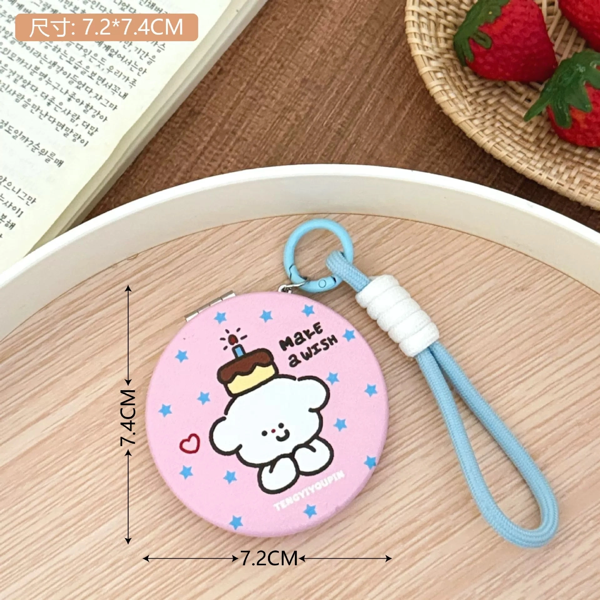 Cute cartoon illustration folding mirror, portable and small makeup mirror for girls, portable high-definition touch-up mirror, hanging rope small mirror, portable folding portable makeup mirror, desktop can stand, student dormitory girls, office good items, dressing mirror detail image 8