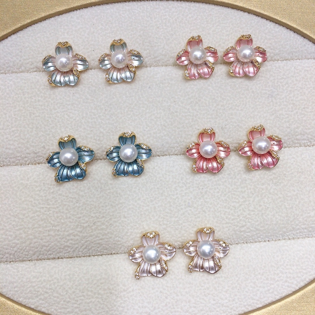 唯诗丽雅诸暨天然淡水珍珠耳环女18K包金高级感磨砂花朵S925纯银针