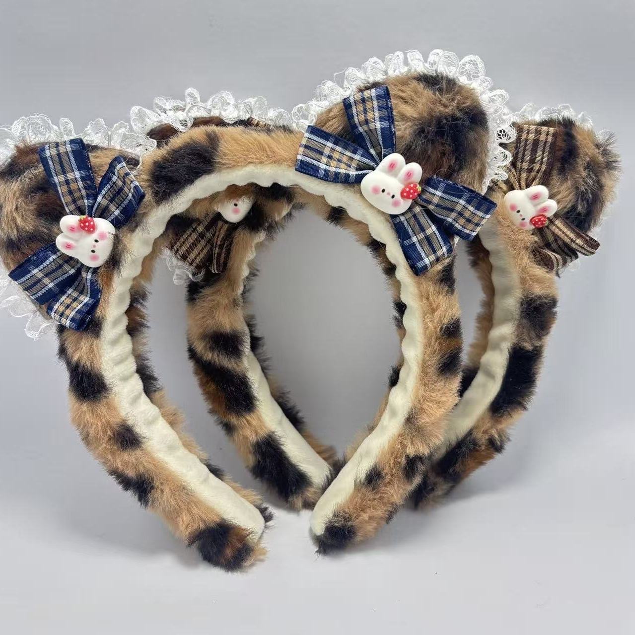 Plush cartoon leopard print cat ear headband, lace little rabbit face wash headband, women's patchwork Korean cloud headband