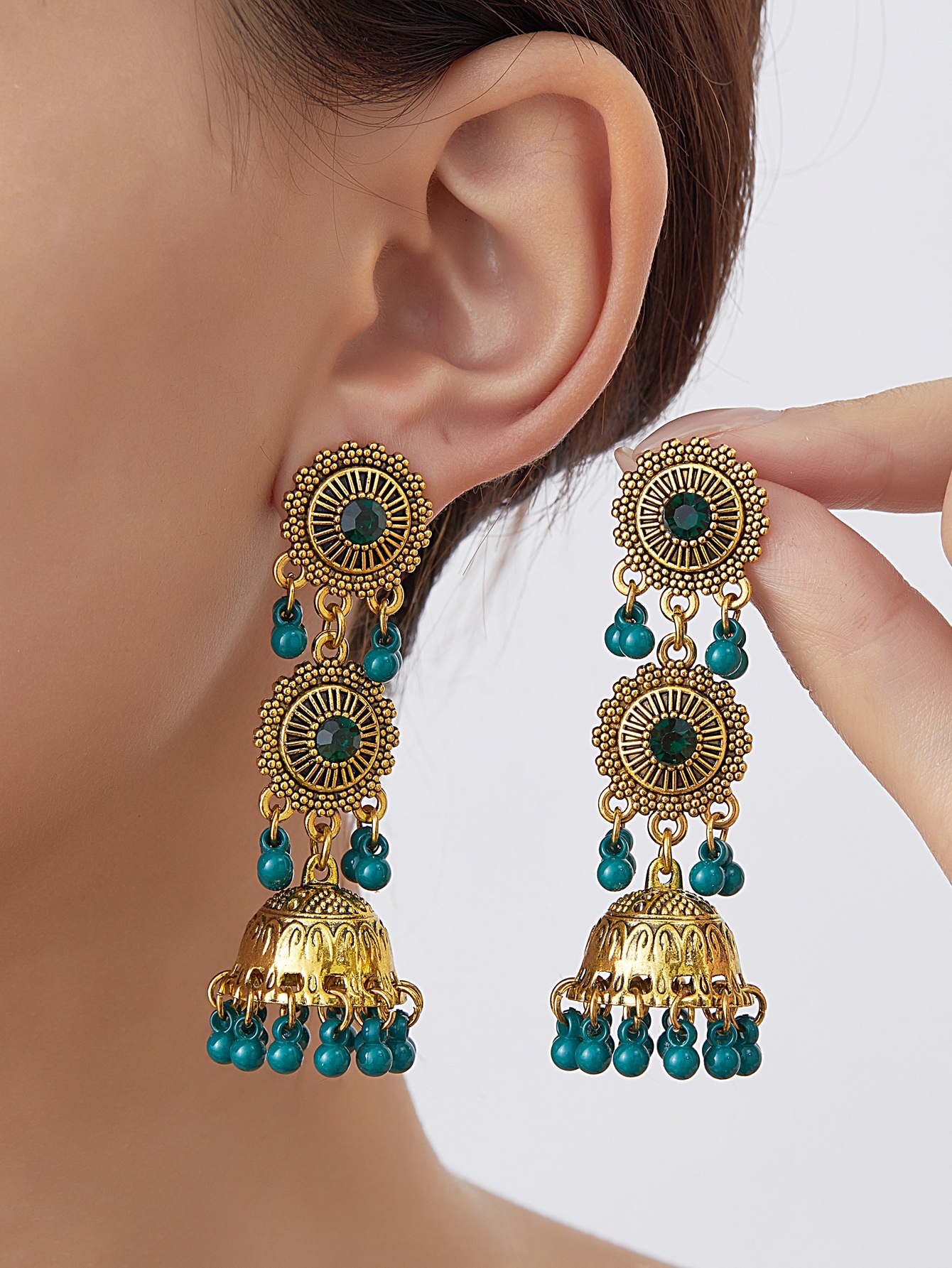 一对时尚复古波西米亚风 印度风 彩色珠子流苏 女士金属耳环 适合各种时尚派对佩戴 节日佩戴耳饰