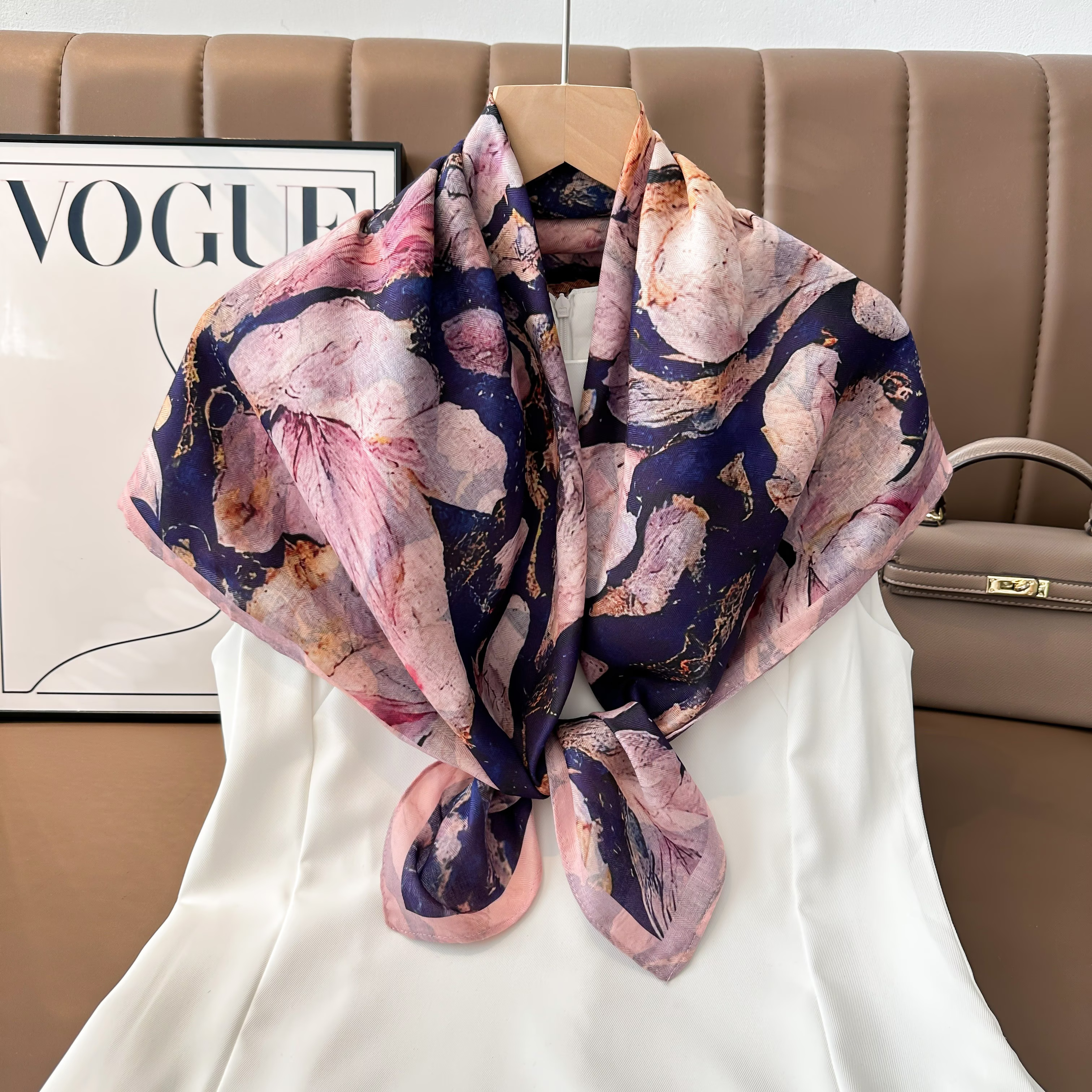 The 2025 new square scarf for women, with dark patterns on both sides, is a versatile and fashionable printed oil painting silk scarf shawl, a high-end autumn and winter trend accessory