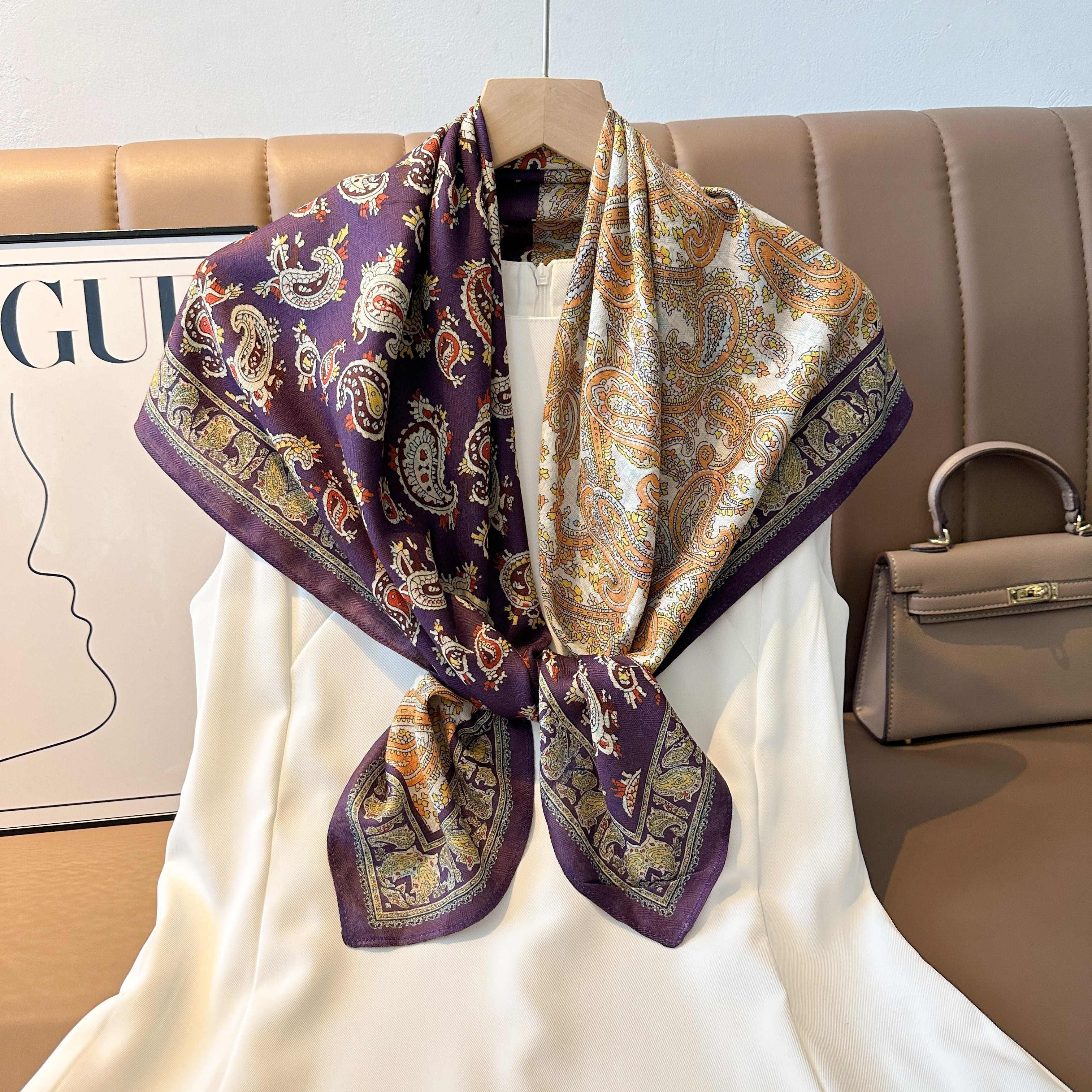 New women's double-sided dark, versatile and fashionable printed oil painting silk scarf, fashionable shawl, high-end trendy accessories for spring, summer, autumn and winter