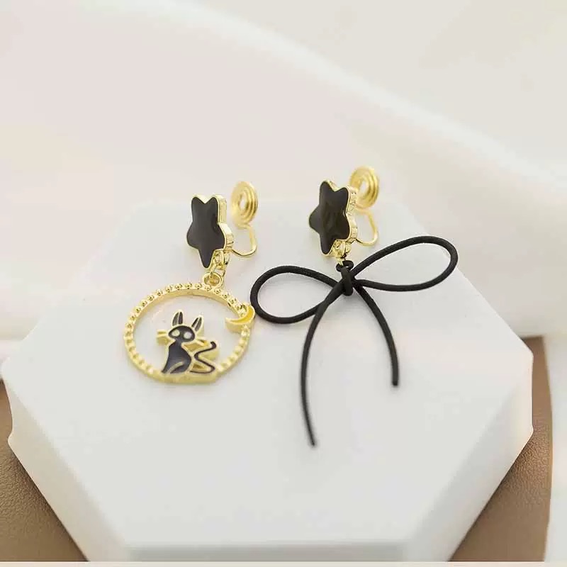 独特设计感气质轻奢耳饰黑色星星蝴蝶结猫咪耳环蚊香盘耳夹无耳洞 细节图