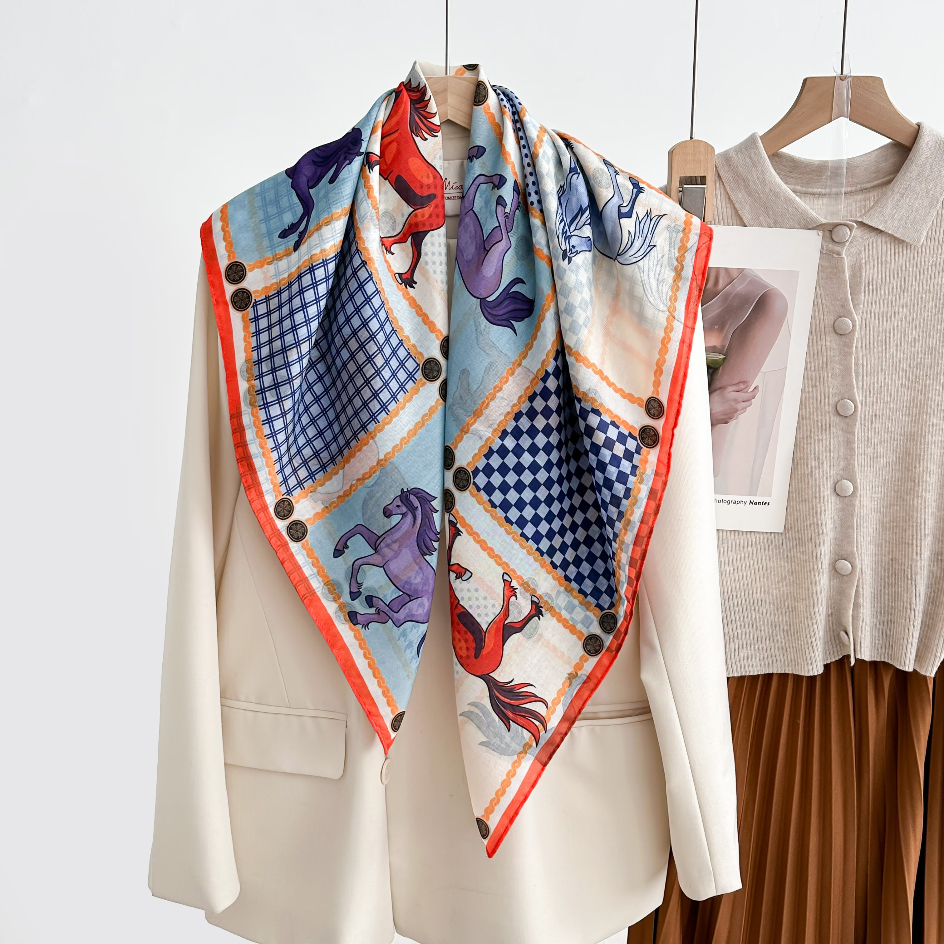 The 2025 new style square scarf for women, with a double-sided checkered pattern, is a versatile and fashionable printed oil painting silk scarf and shawl. It is a high-end autumn and winter trend accessory details Picture