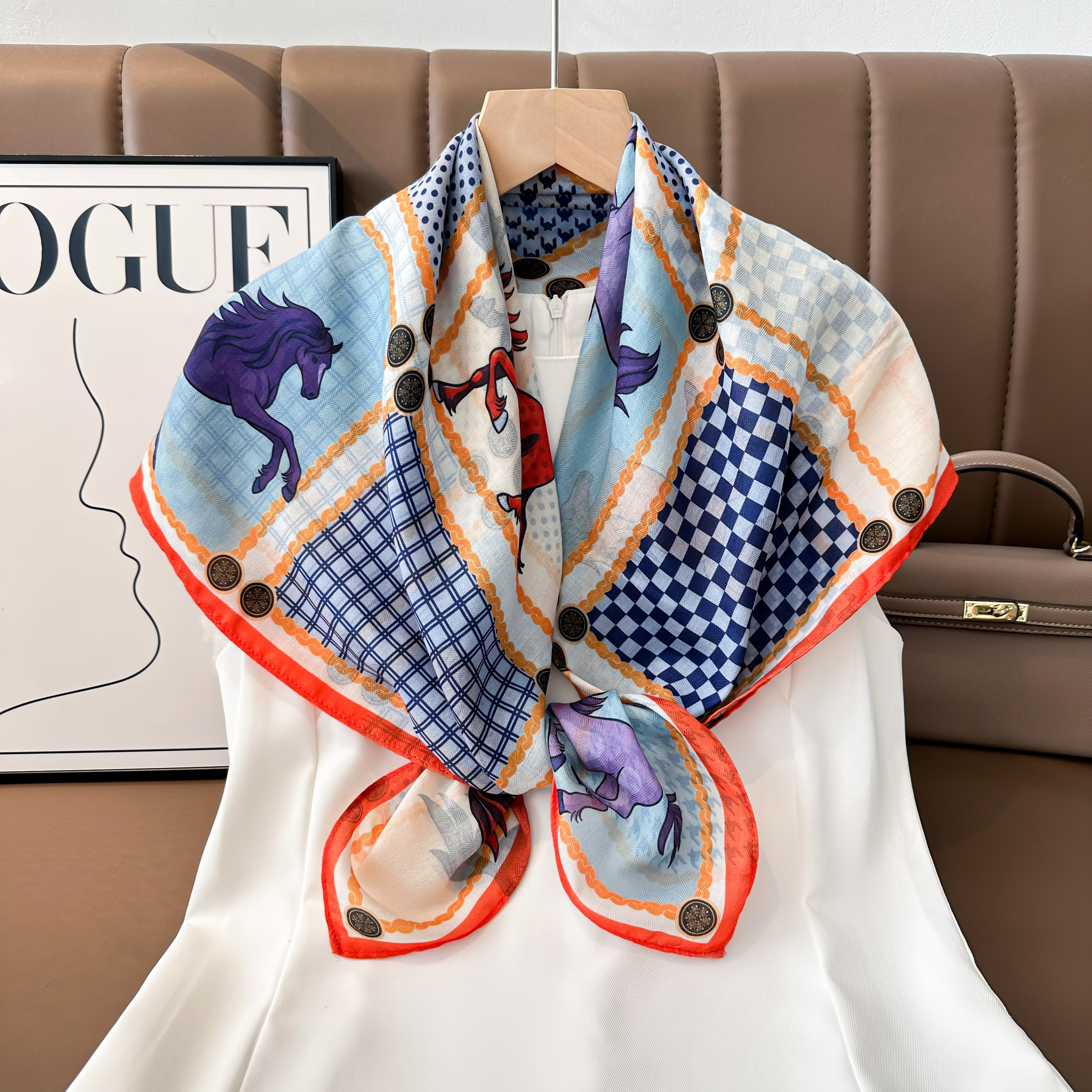 The 2025 new style square scarf for women, with a double-sided checkered pattern, is a versatile and fashionable printed oil painting silk scarf and shawl. It is a high-end autumn and winter trend accessory