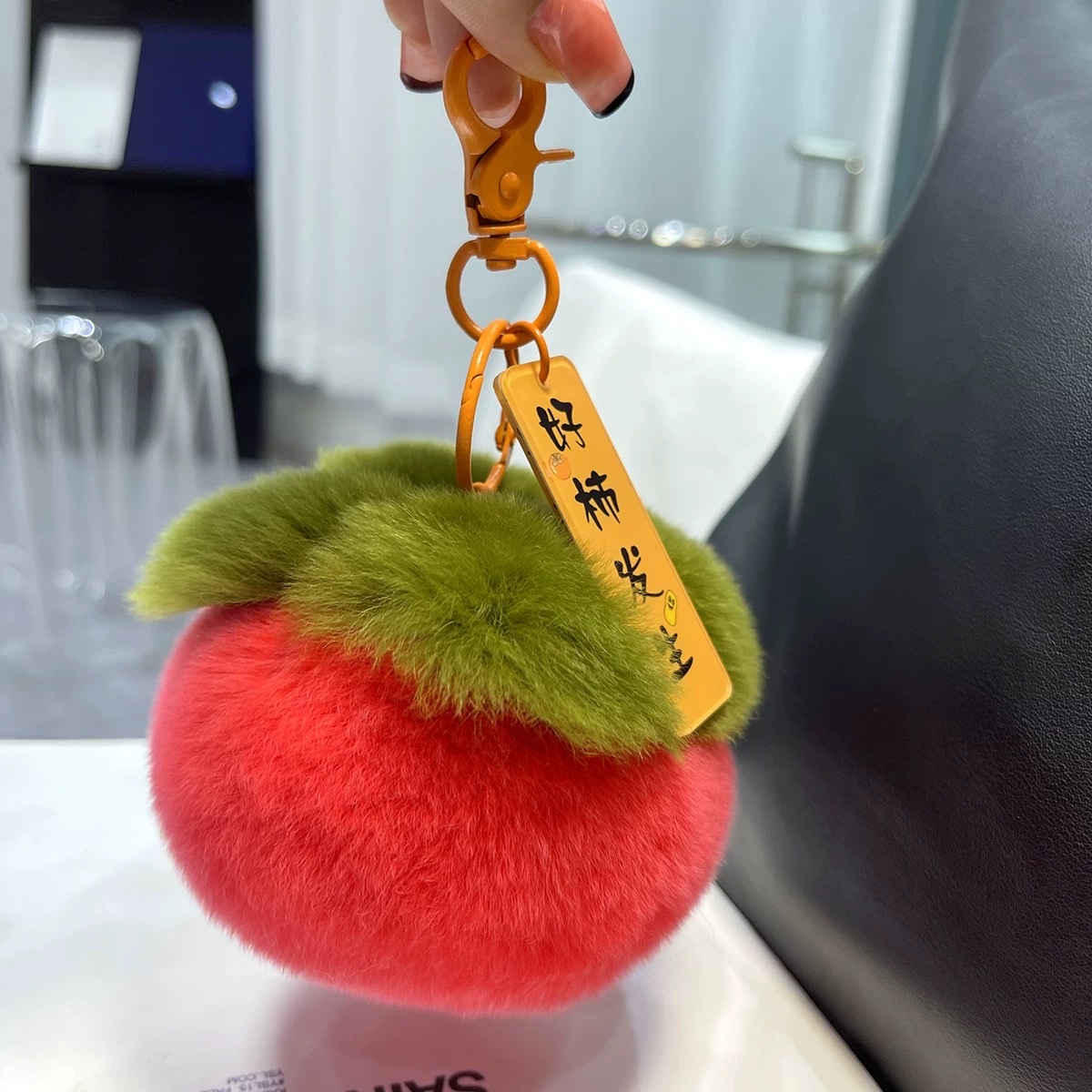 Real rex rabbit fur little persimmon car keychain pendant, ins cute plush ball schoolbag hanging decoration, birthday gift detail image 5
