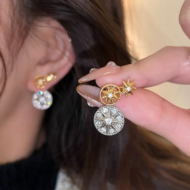 French round octagonal earrings, women's high-end and elegant zircon stud earrings, pure silver needle earrings, 2025 new bestseller, silver ring, women's personality, TiTi- French round octagonal earrings, double-sided elegant zircon super sparkling water diamond stud earrings, high-end and elegant earrings Application Scenario