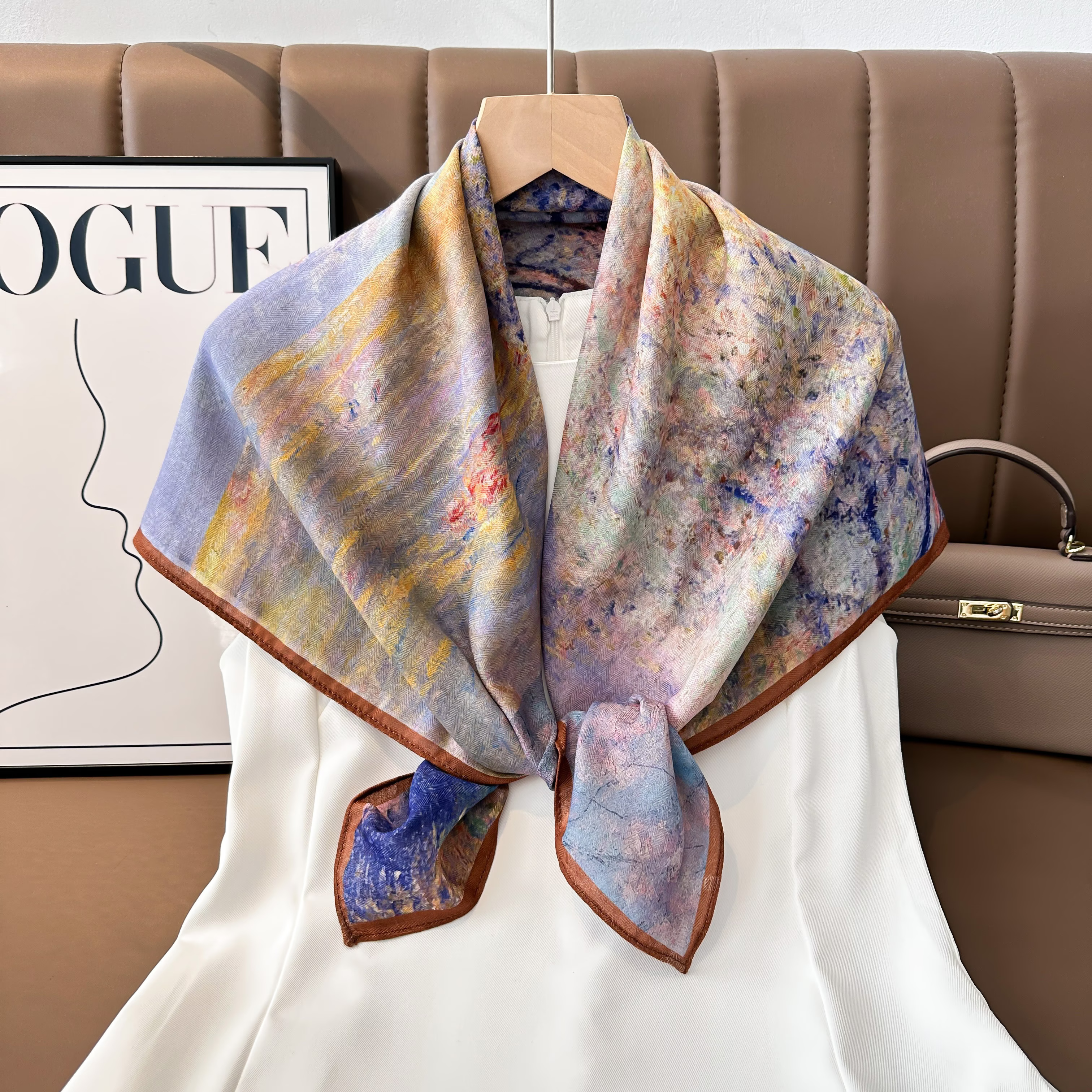 2025 New style square scarf for women, double-sided, versatile and fashionable printed oil painting silk scarf, fashionable shawl, high-end autumn and winter trendy accessory