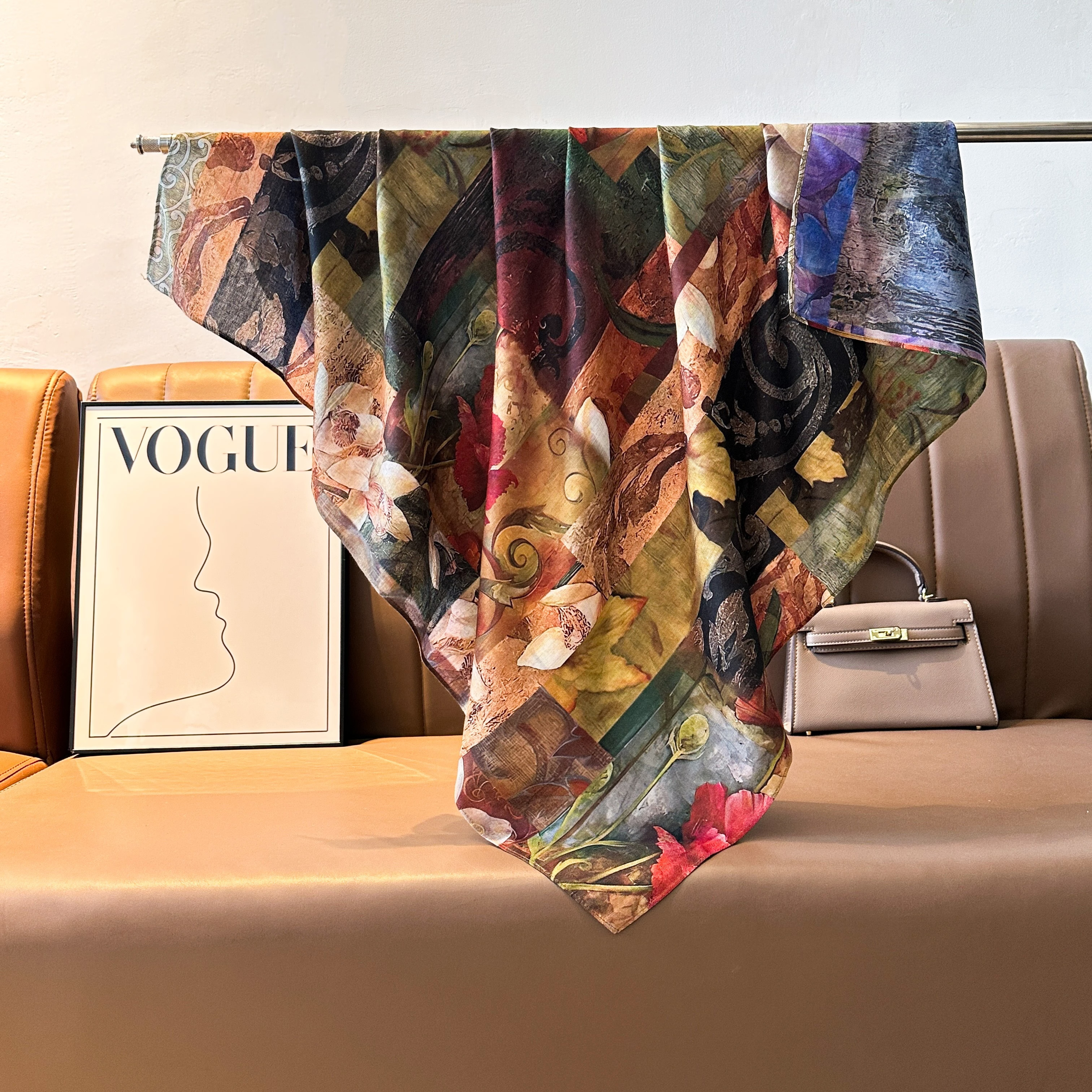 The new women's double-sided square scarf is a versatile and fashionable printed oil painting silk scarf and shawl. It is a high-end trendy accessory for spring, summer, autumn and winter Specification image