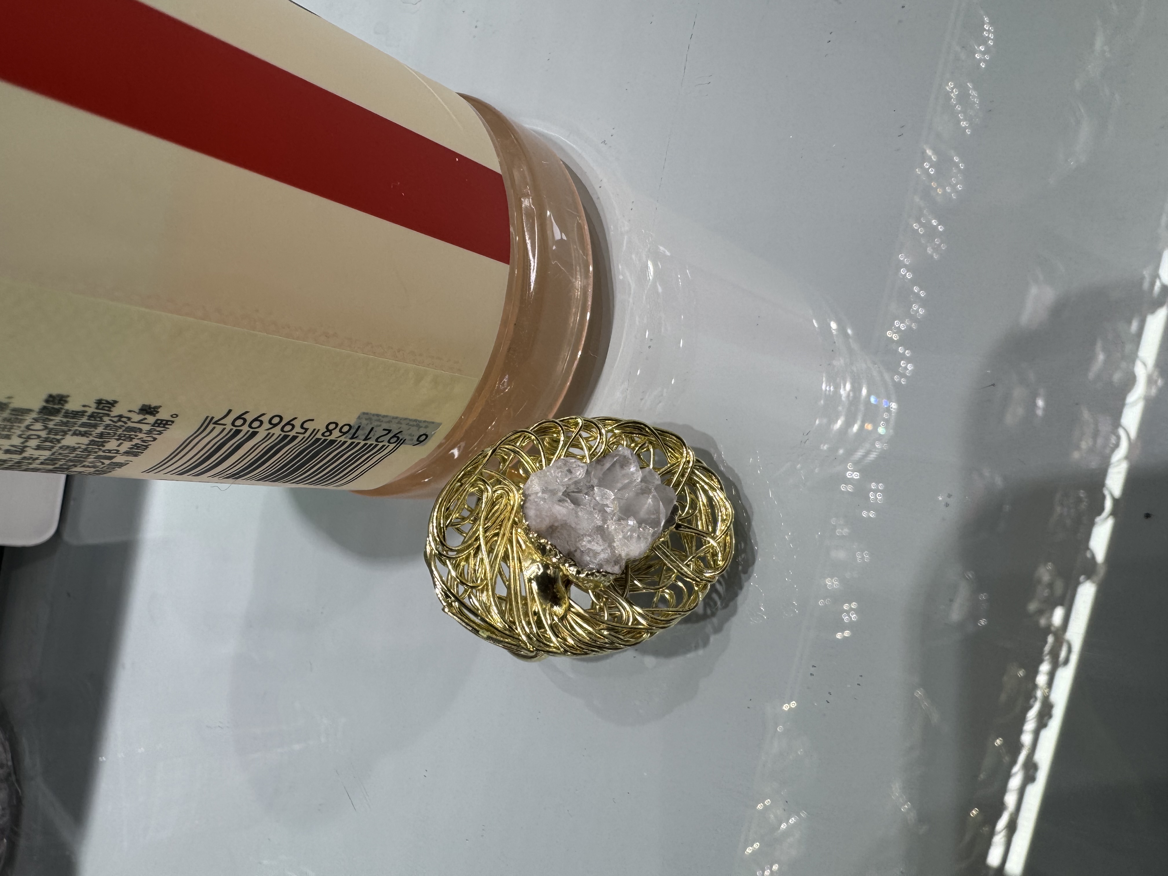 时尚烧焊铜戒指14K金电镀铜 简约潮流女款戒指.天然水晶石