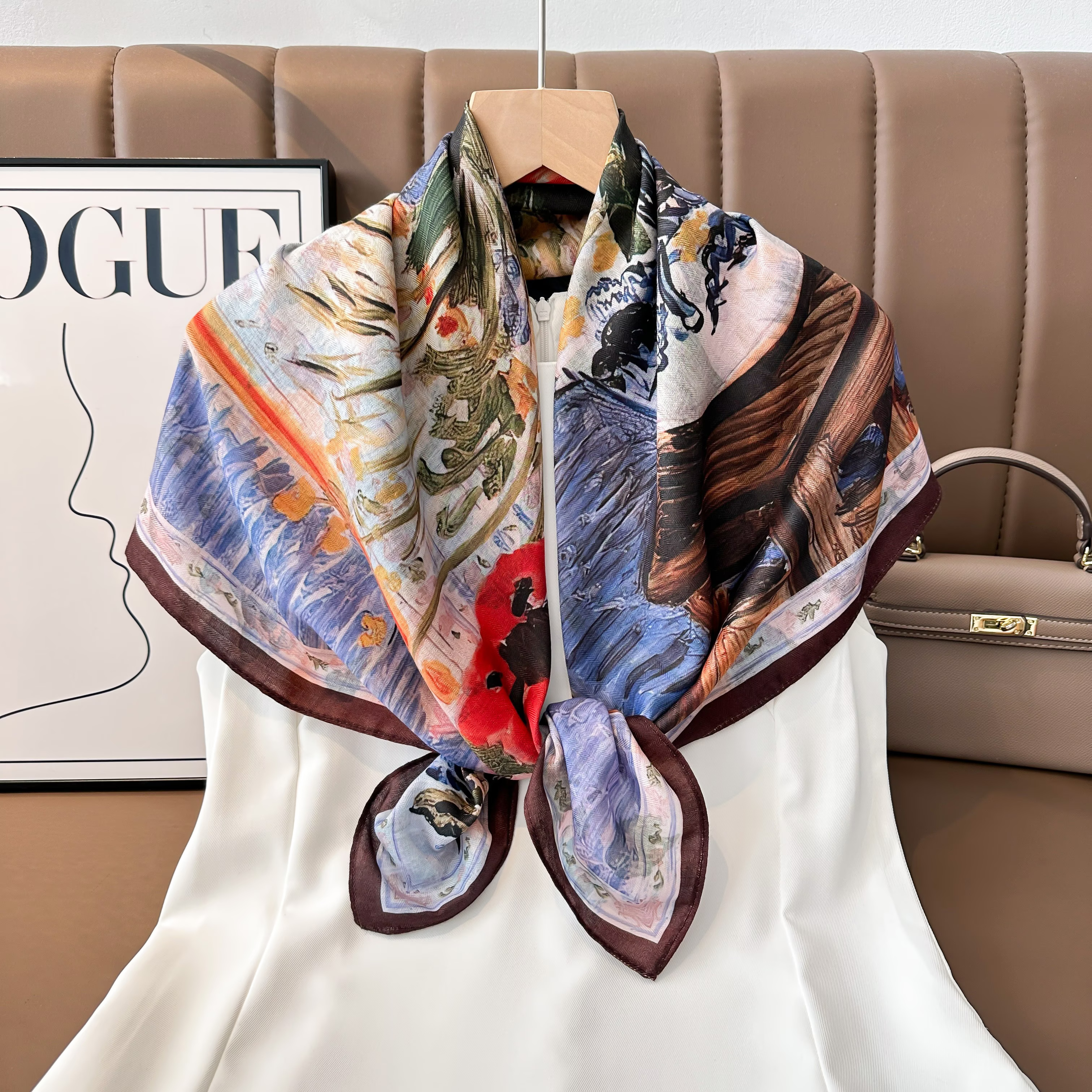 The new style of women's square scarf in 2025 features a double-sided, versatile, fashionable printed oil painting silk scarf and shawl. It is a high-end, trendy accessory for spring, summer, autumn and winter