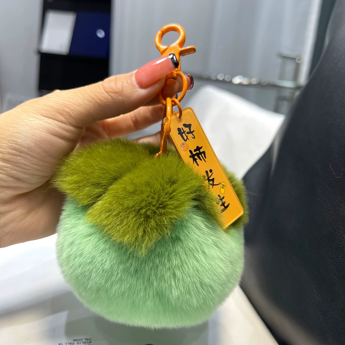 Real rex rabbit fur little persimmon car keychain pendant, ins cute plush ball schoolbag hanging decoration, birthday gift detail image 4