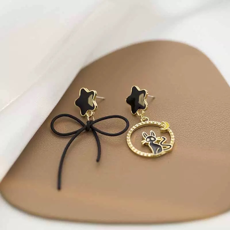 独特设计感气质轻奢耳饰黑色星星蝴蝶结猫咪耳环蚊香盘耳夹无耳洞 产品图