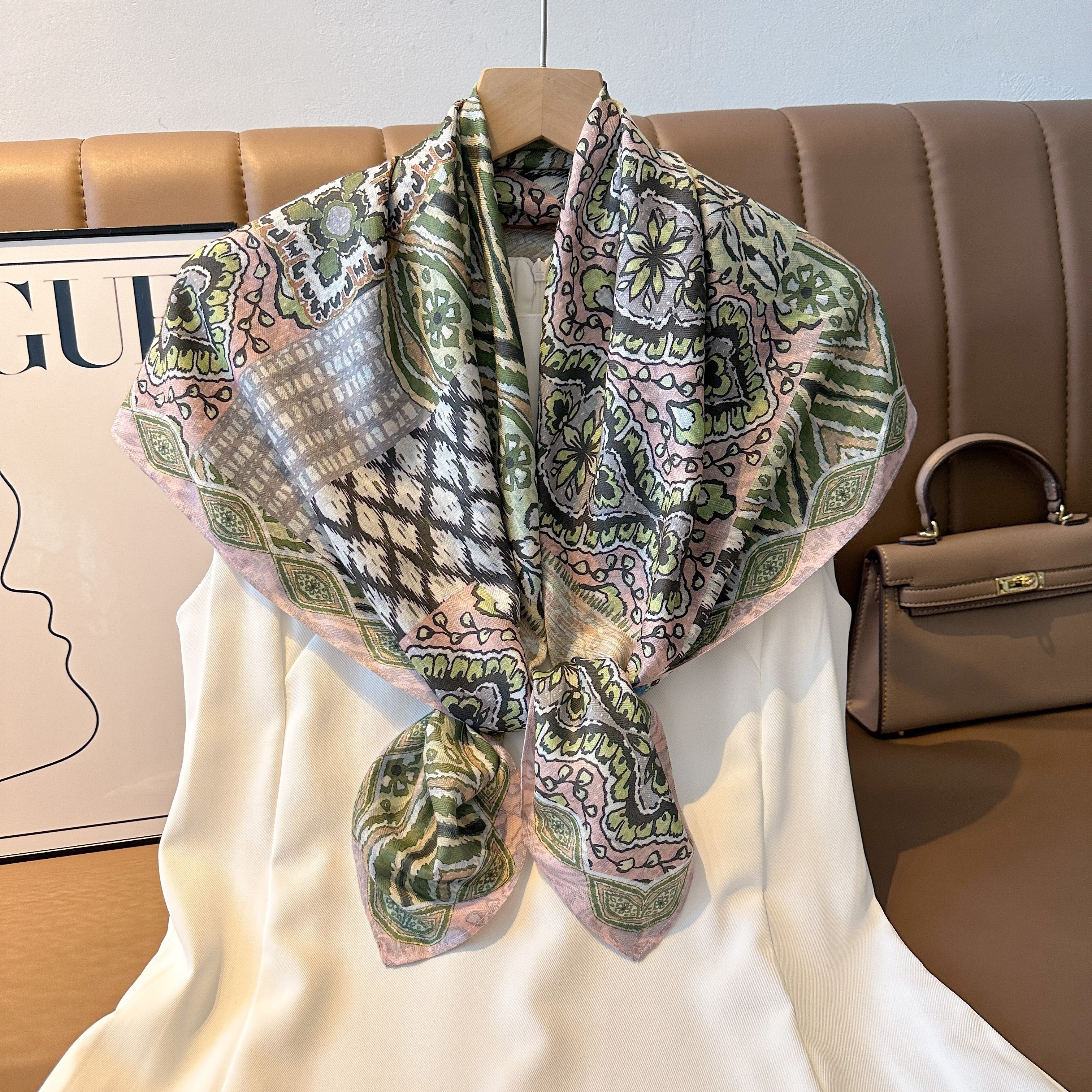 The 2025 new women's double-sided square scarf is fresh and versatile, with fashionable printed oil painting silk scarves and shawls. It is a high-end trendy accessory for spring, summer, autumn and winter