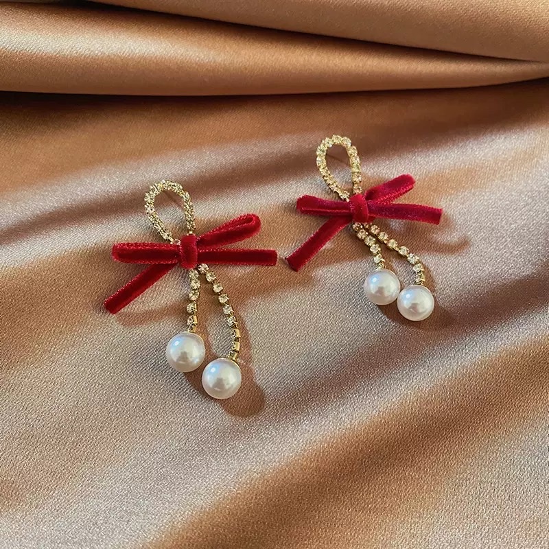 韩国丝绒蝴蝶结珍珠水钻耳环超仙长款耳坠耳饰
